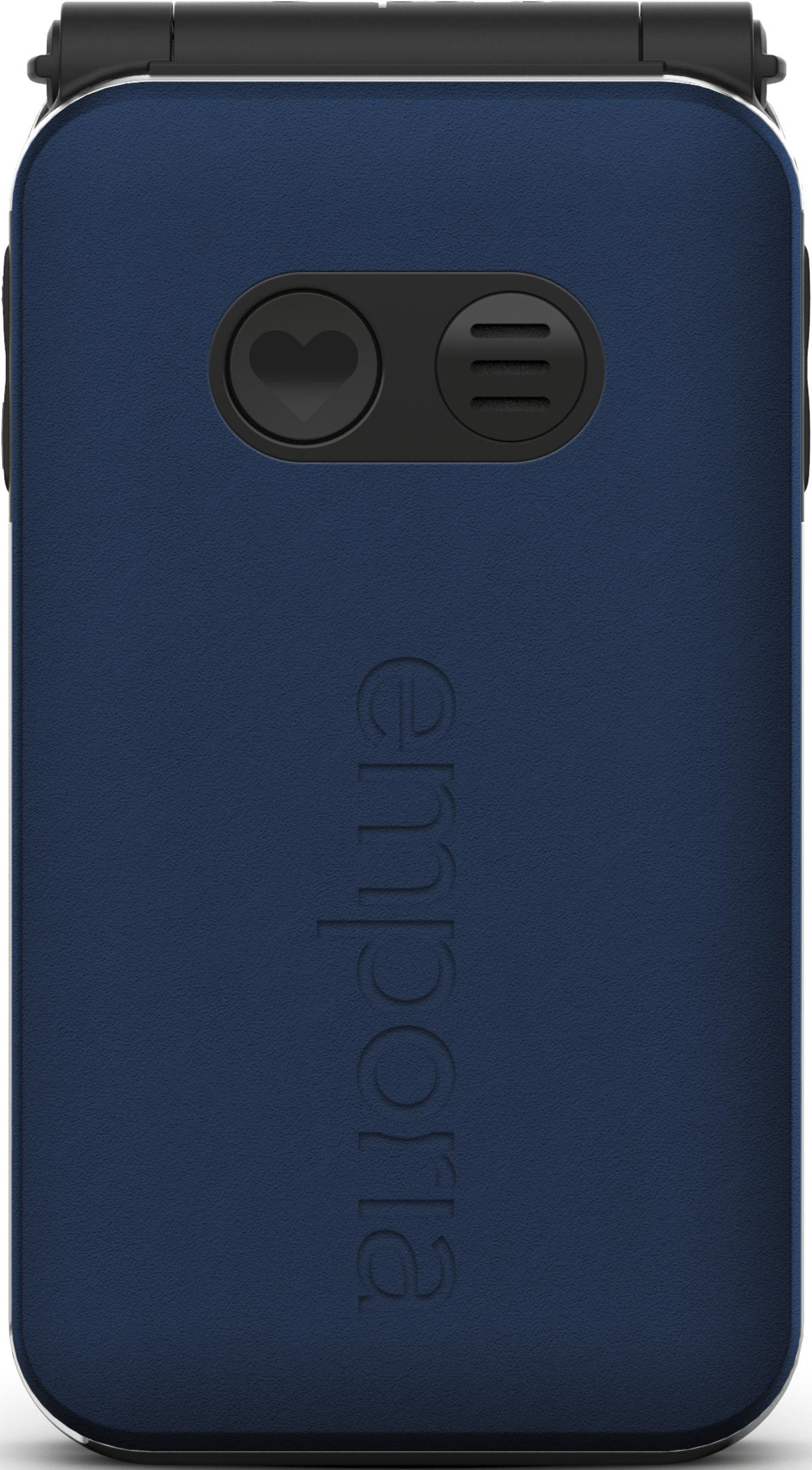 Téléphone à clapet bleu foncé avec symbole de cœur et logo Emporia.