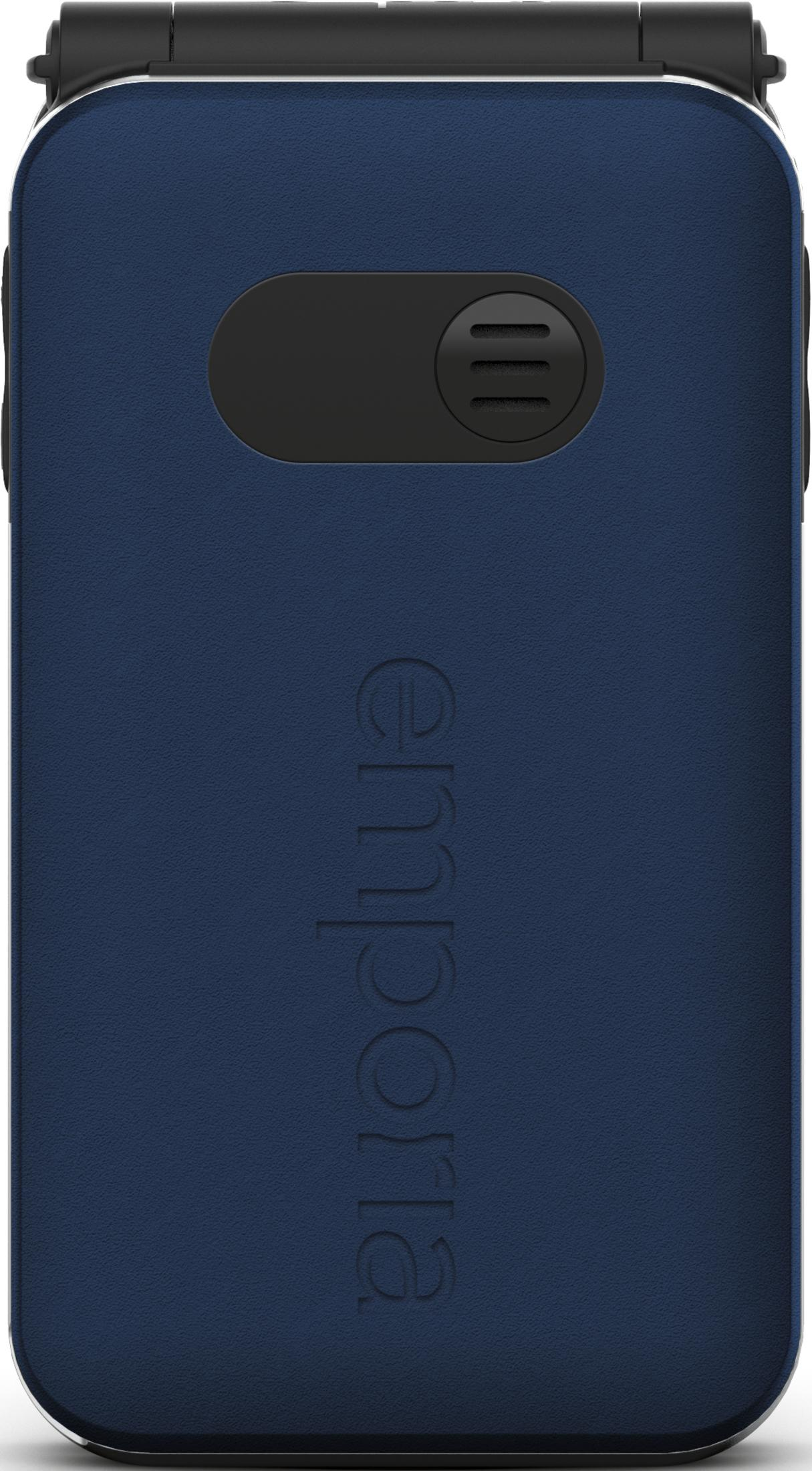 Téléphone à clapet bleu foncé avec élément noir et logo.
