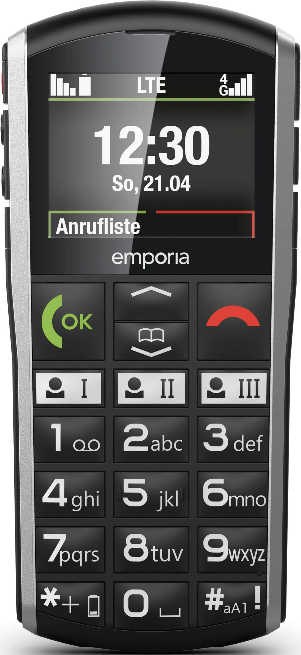 Telefon Emporia wyświetla 12:30 i LTE. Posiada klawiaturę numeryczną i przycisk OK.