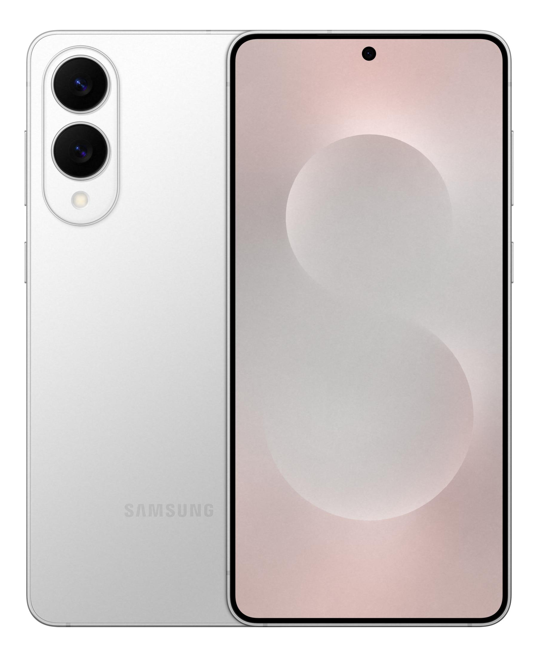 Biały smartfon z dwoma tylnymi aparatami i ekranem.