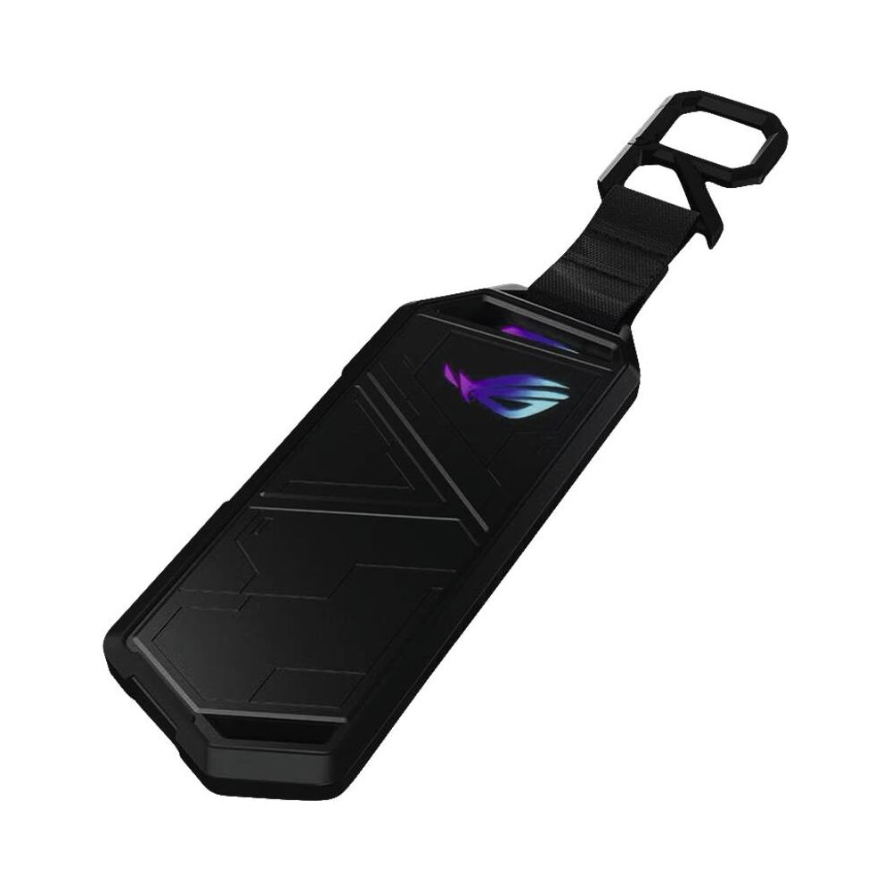 Czarna obudowa ROG z podświetlanym logo i paskiem.