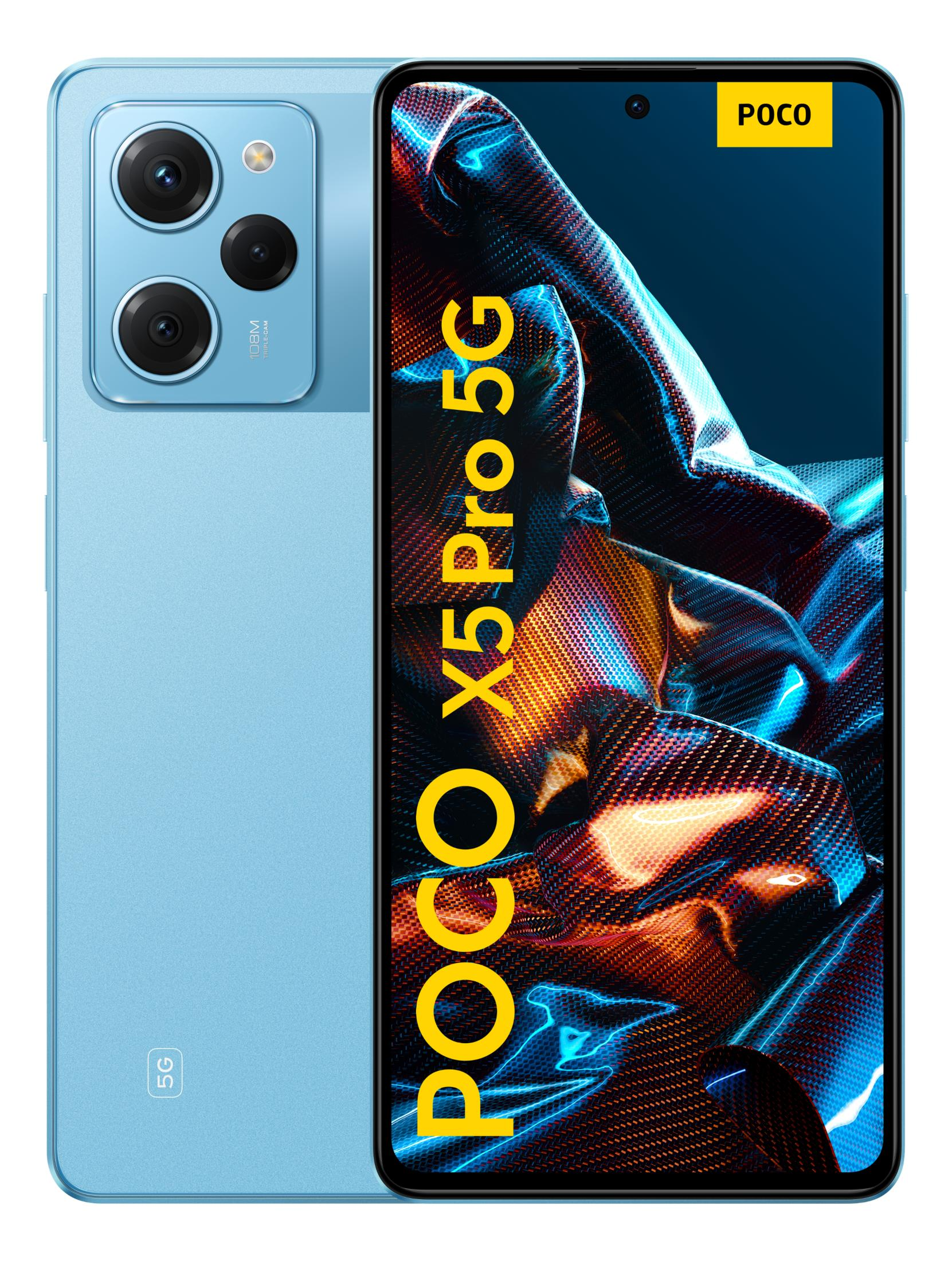 Niebieski smartfon POCO X5 Pro 5G z potrójnym aparatem z tyłu.