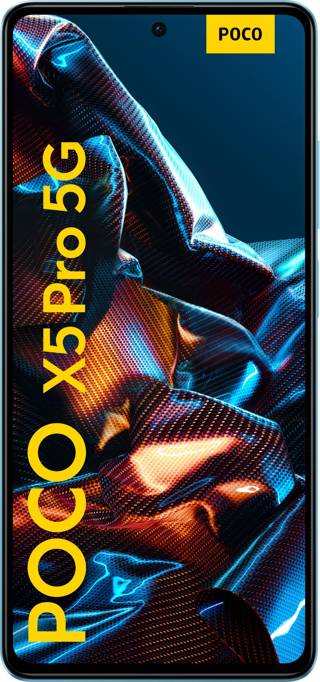 Napis POCO X5 Pro 5G na abstrakcyjnym tle z niebieskimi i pomarańczowymi światłami.