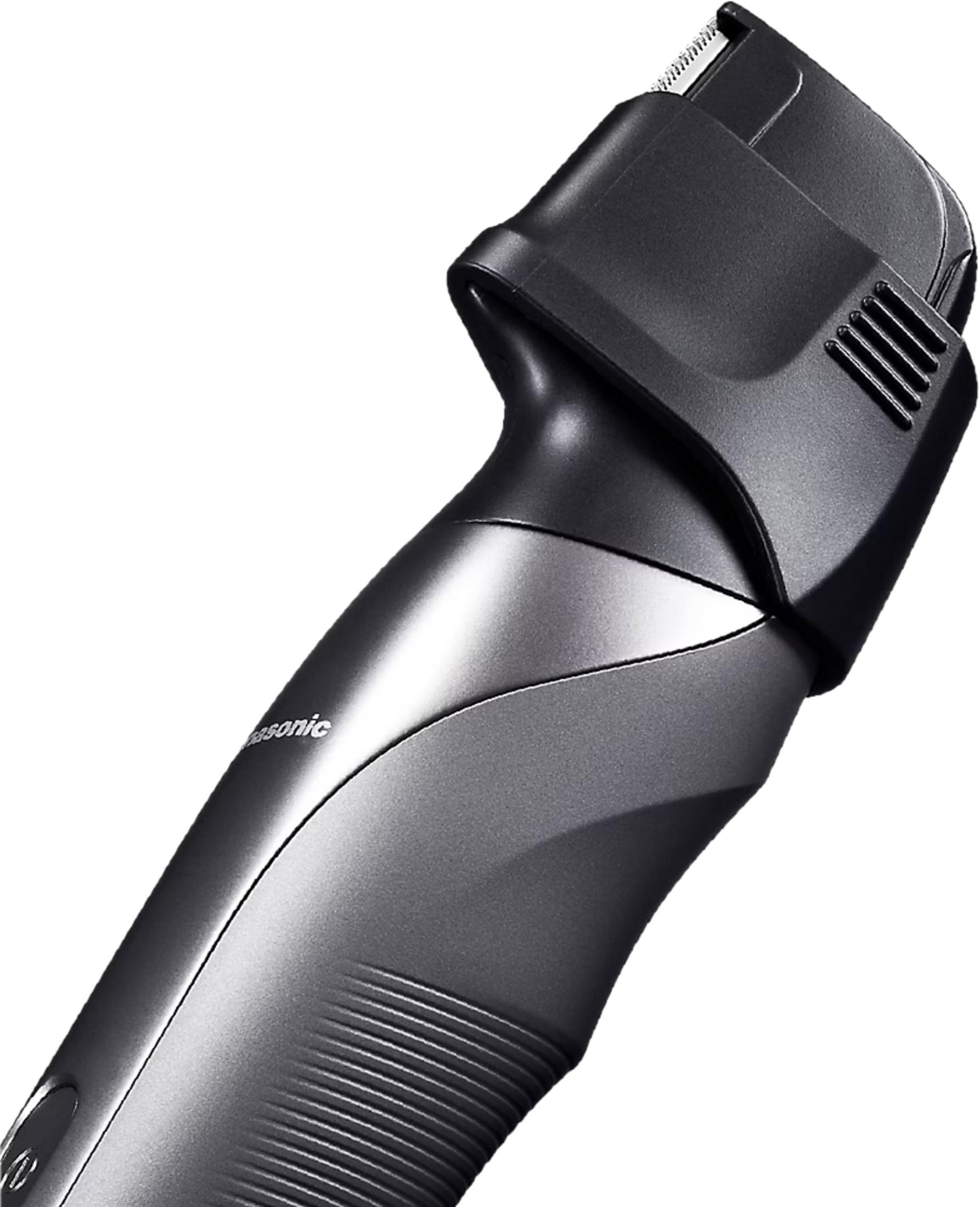 Rasoio elettrico Panasonic grigio scuro con riflessi metallici.