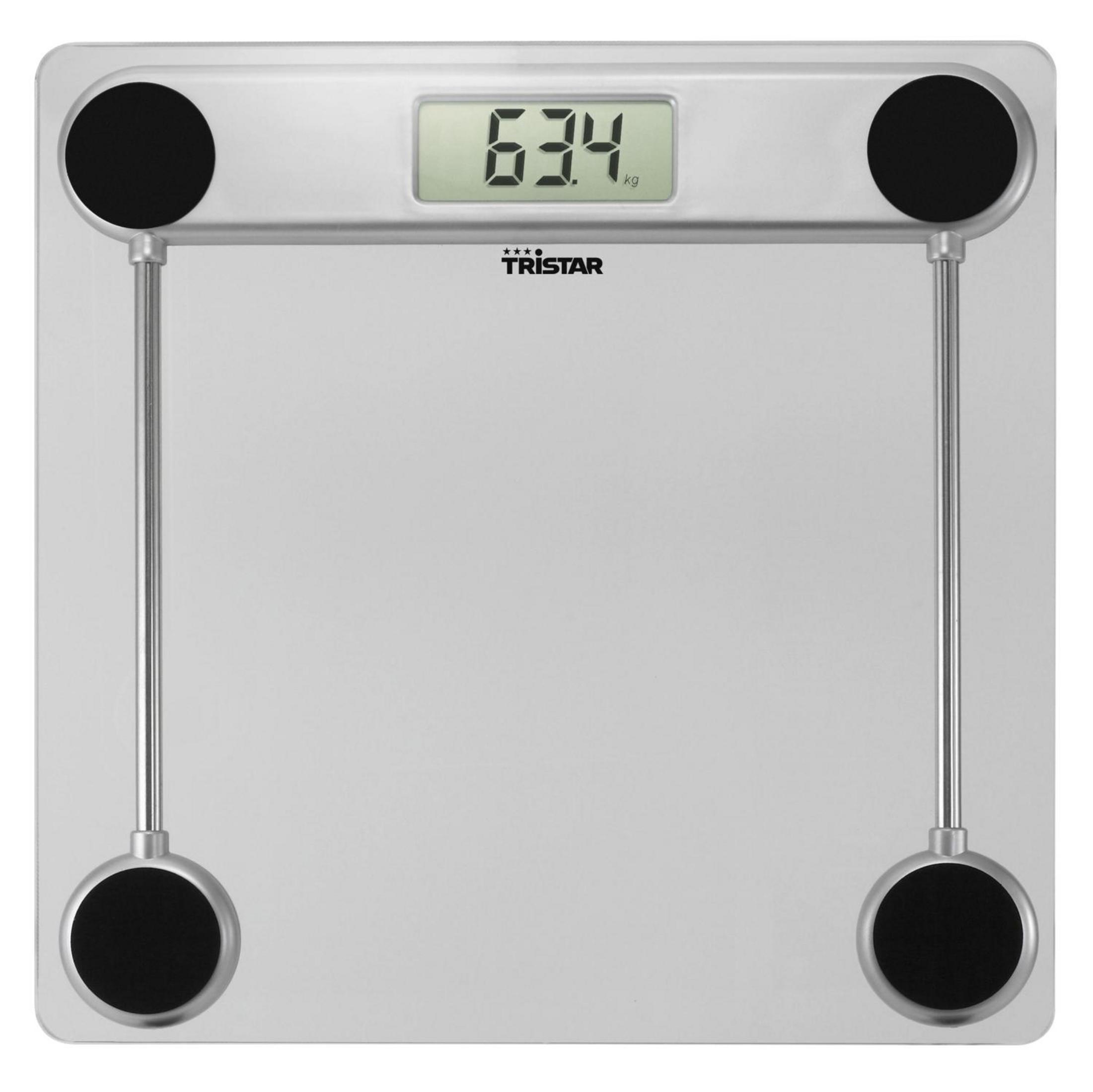 Srebrna waga z czarnym wyświetlaczem pokazującym 63,4 kg.