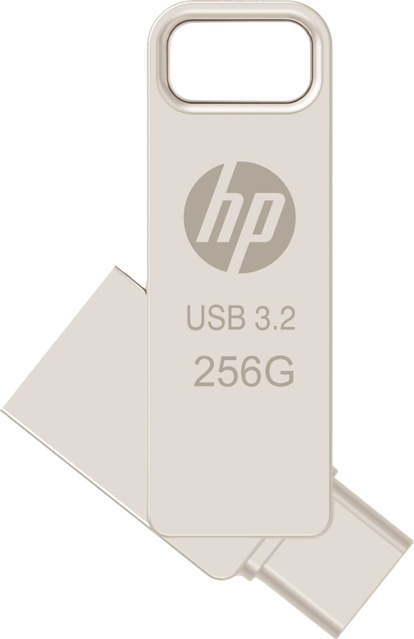 Srebrny pendrive HP USB 3.2 256GB z pętelką.
