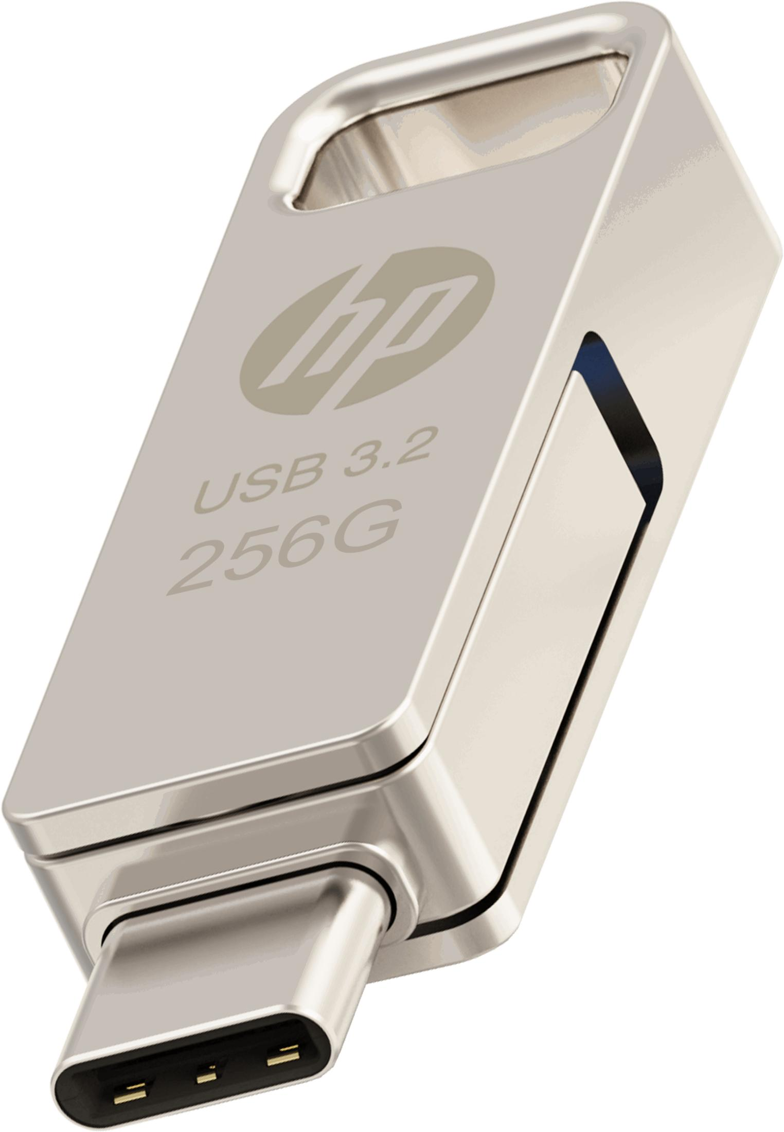 Srebrny pendrive HP USB-C o pojemności 256 GB.