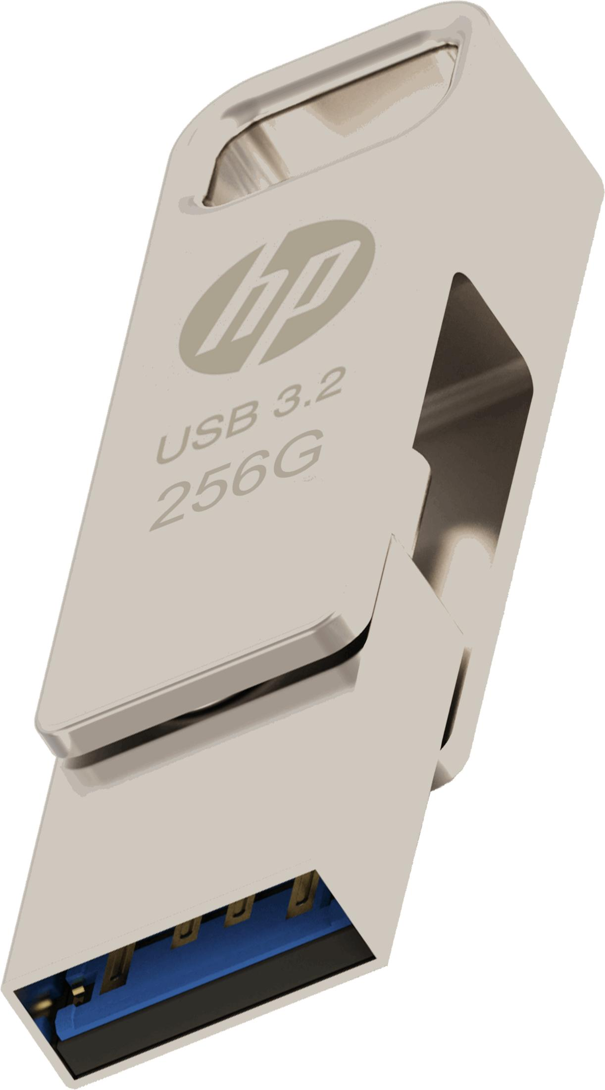 Srebrny pendrive HP USB 3.2 256 GB z niebieskim złączem.