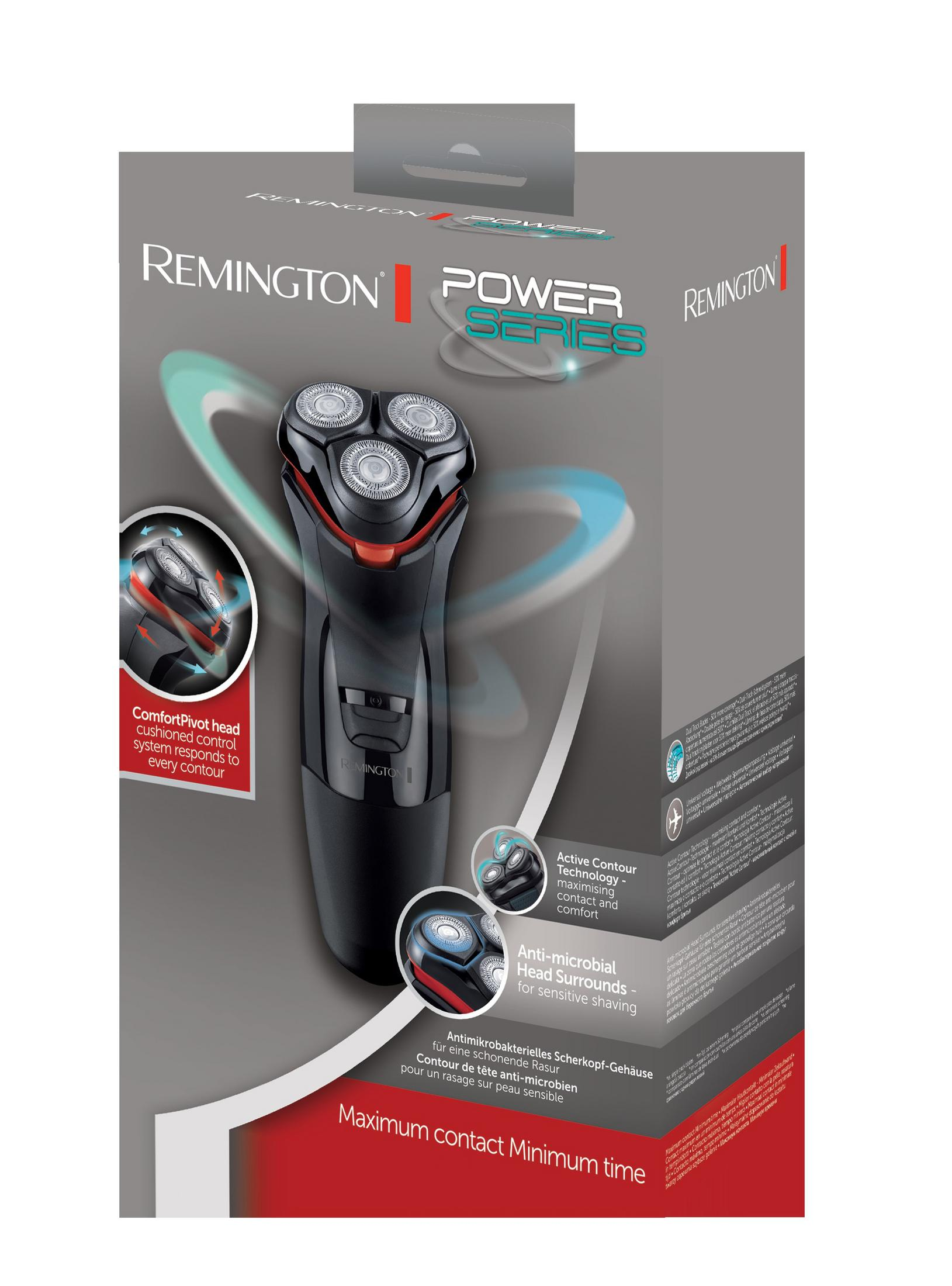 Embalaje de afeitadora Remington Power Series con imágenes de la afeitadora y características.