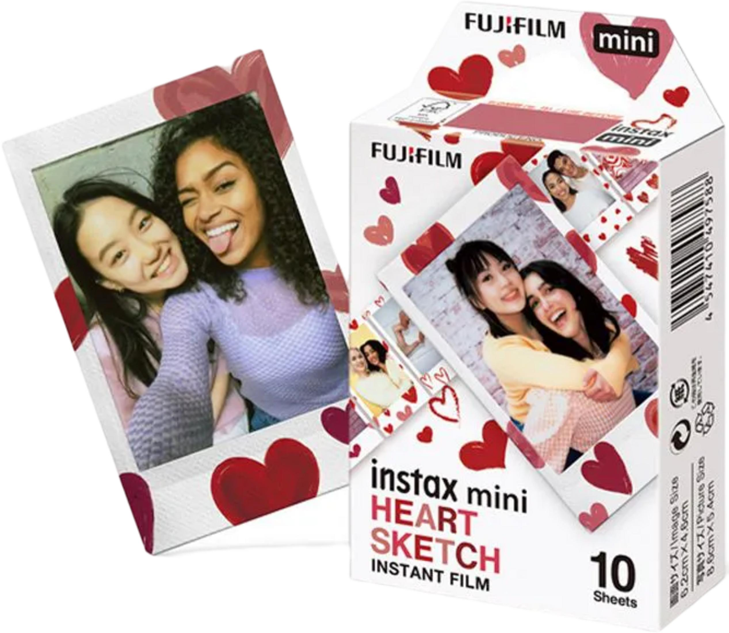 Opakowanie folii Fujifilm Instax Mini Heart Sketch z sercami i zdjęciami młodych kobiet.