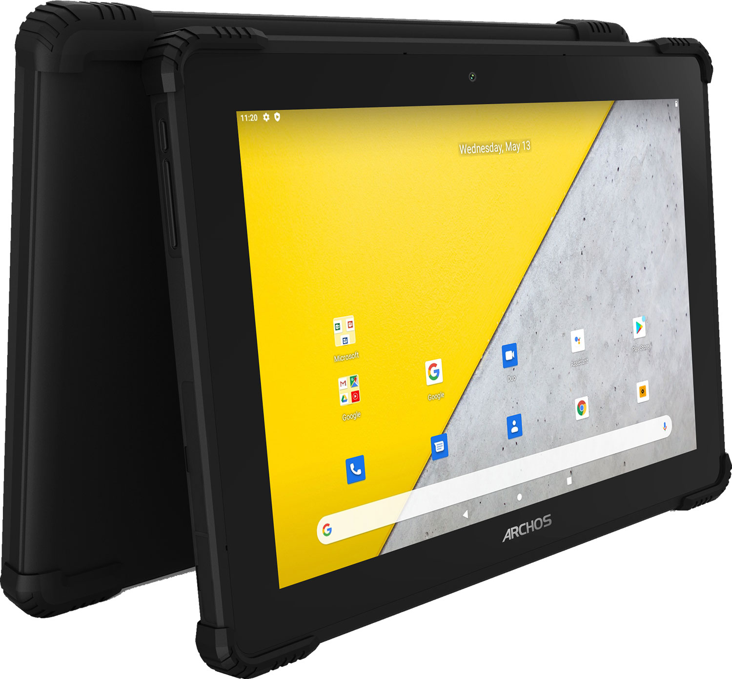 Dwa czarne tablety z wytrzymałymi narożnikami. Jeden pokazuje żółto-szare tło.