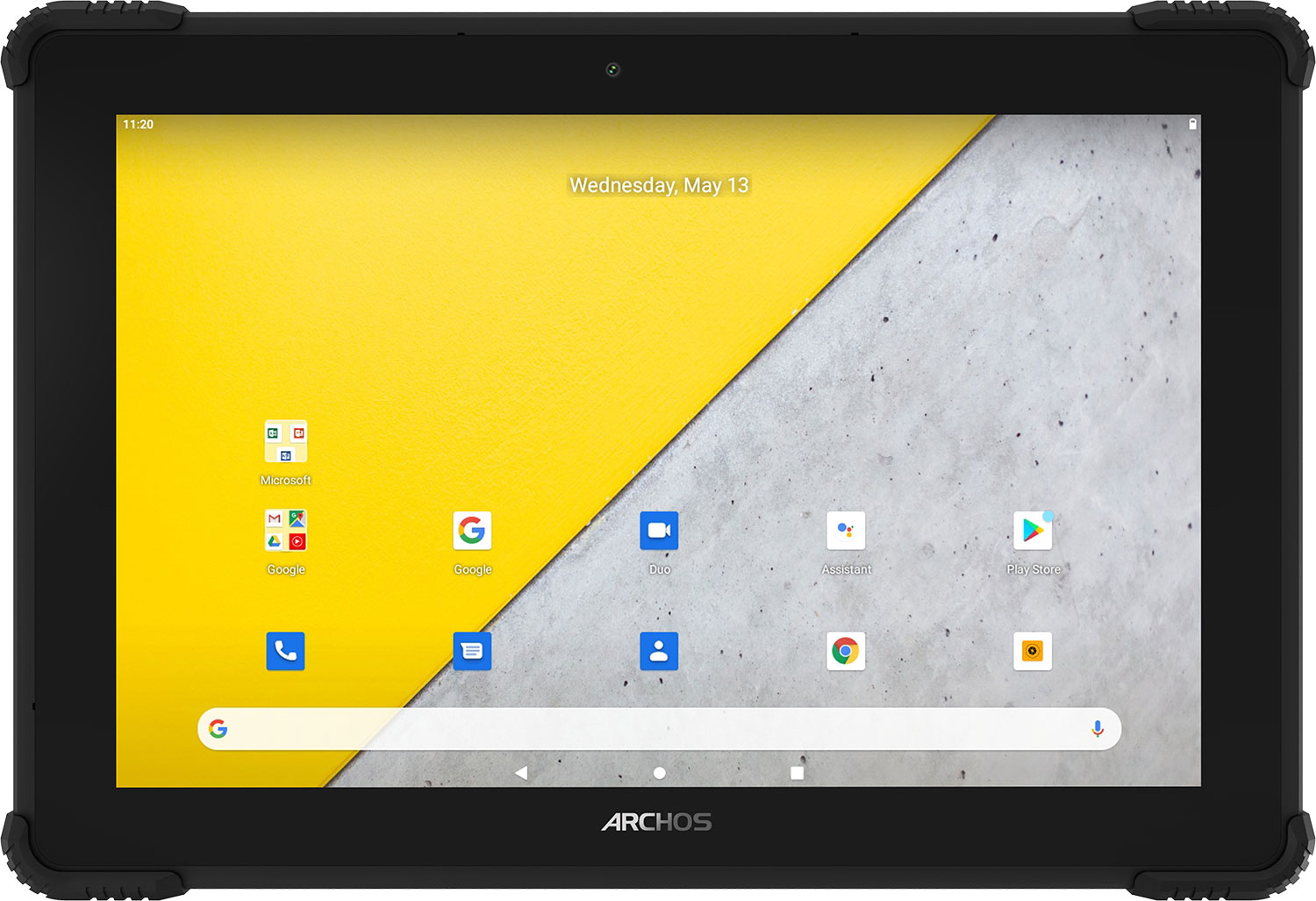 Czarny tablet Archos wyświetlający żółto-szarą tapetę z ikonami aplikacji.