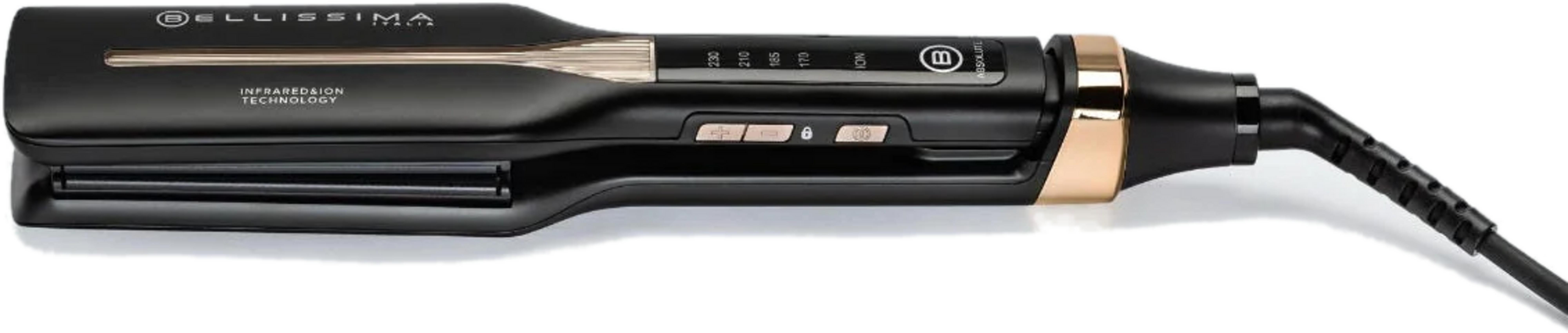 Czarna prostownica z różowo-złotymi akcentami i regulacją temperatury.