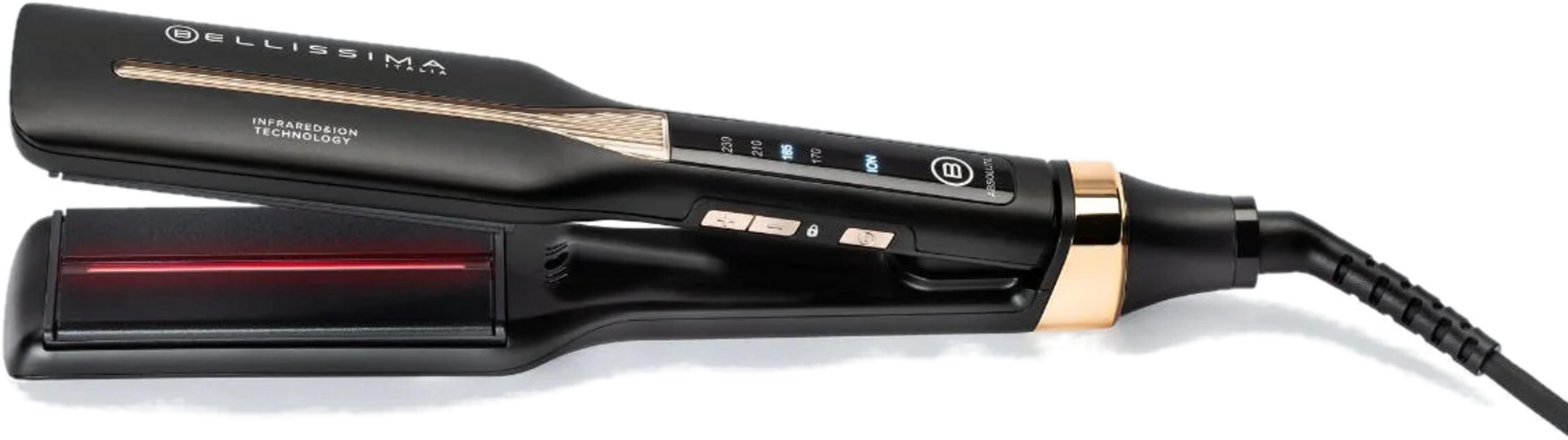 Czarna prostownica ze złotymi akcentami i czerwoną płytą grzewczą.