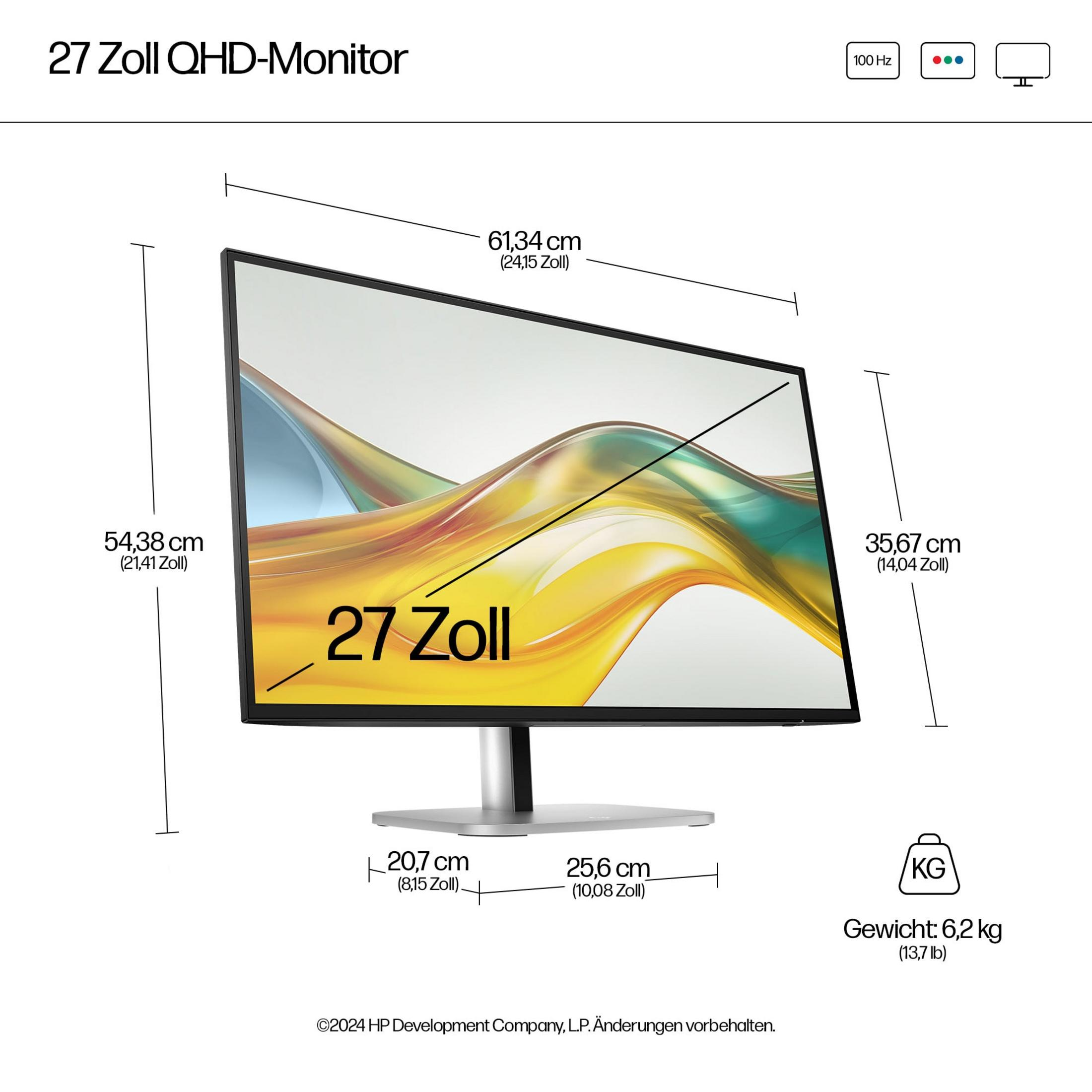 Monitor QHD 27 cali z wymiarami i wagą.