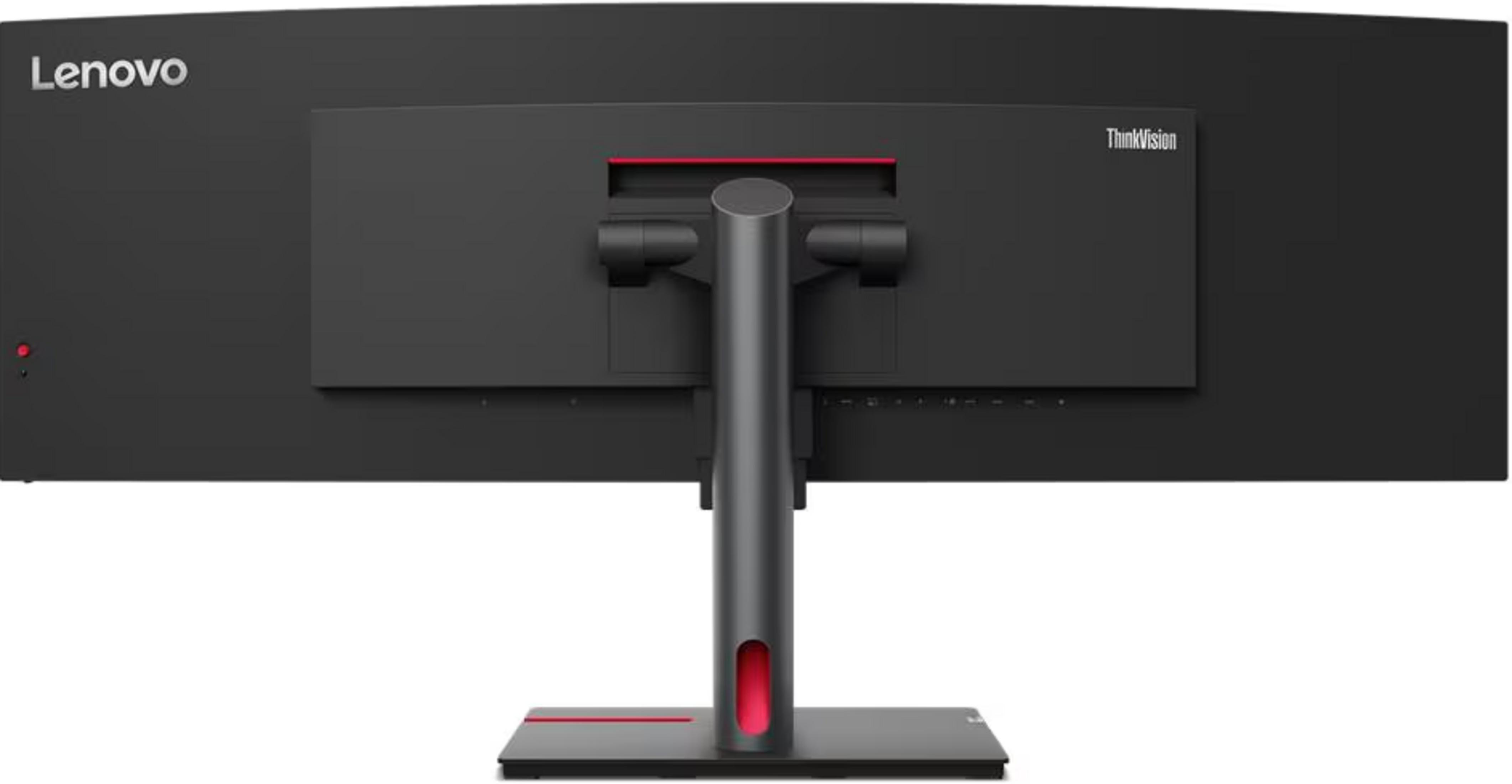Tył czarnego monitora Lenovo ThinkVision ze srebrnym stojakiem i czerwonymi akcentami.