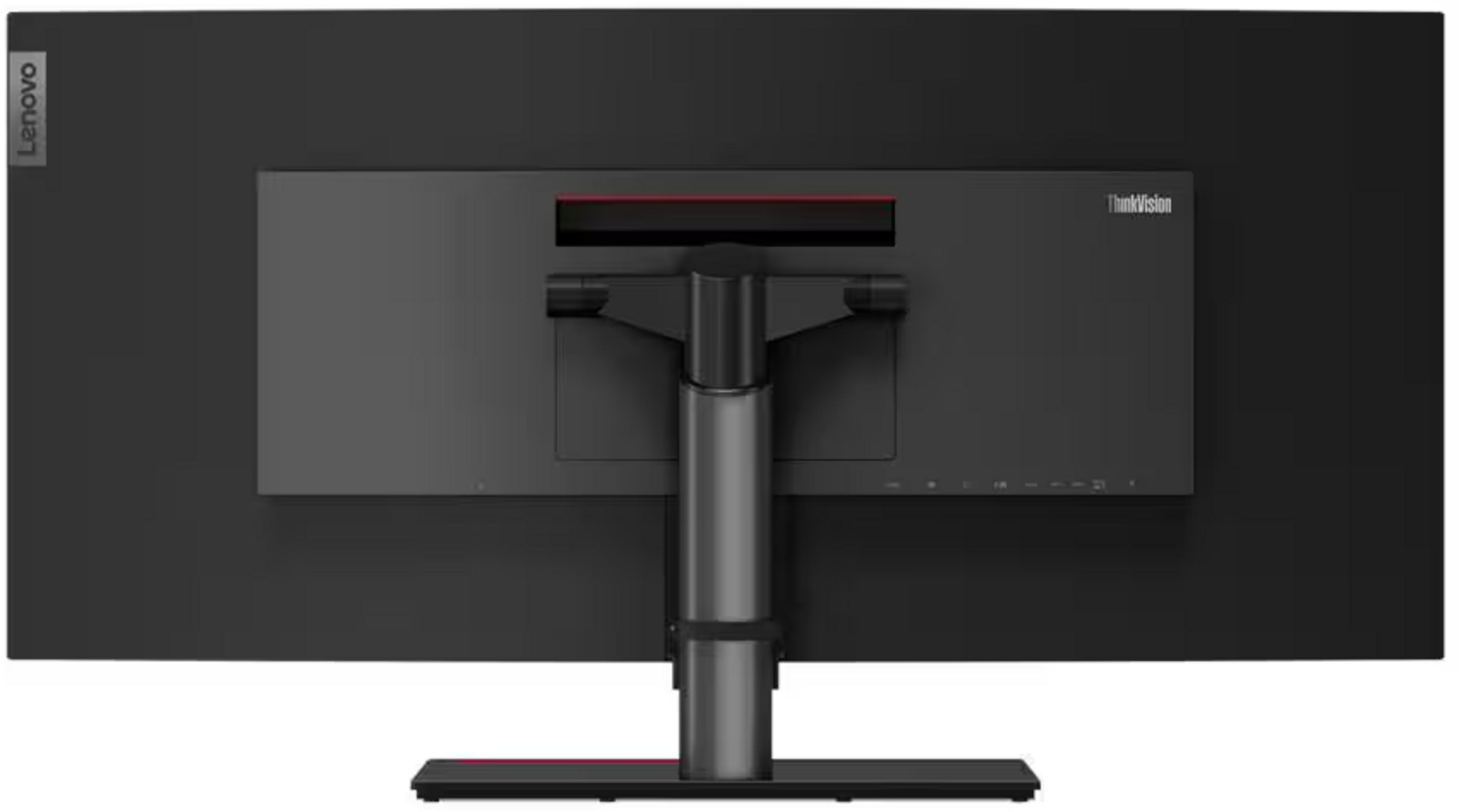 Tył czarnego monitora Lenovo ThinkVision ze srebrną podstawą.