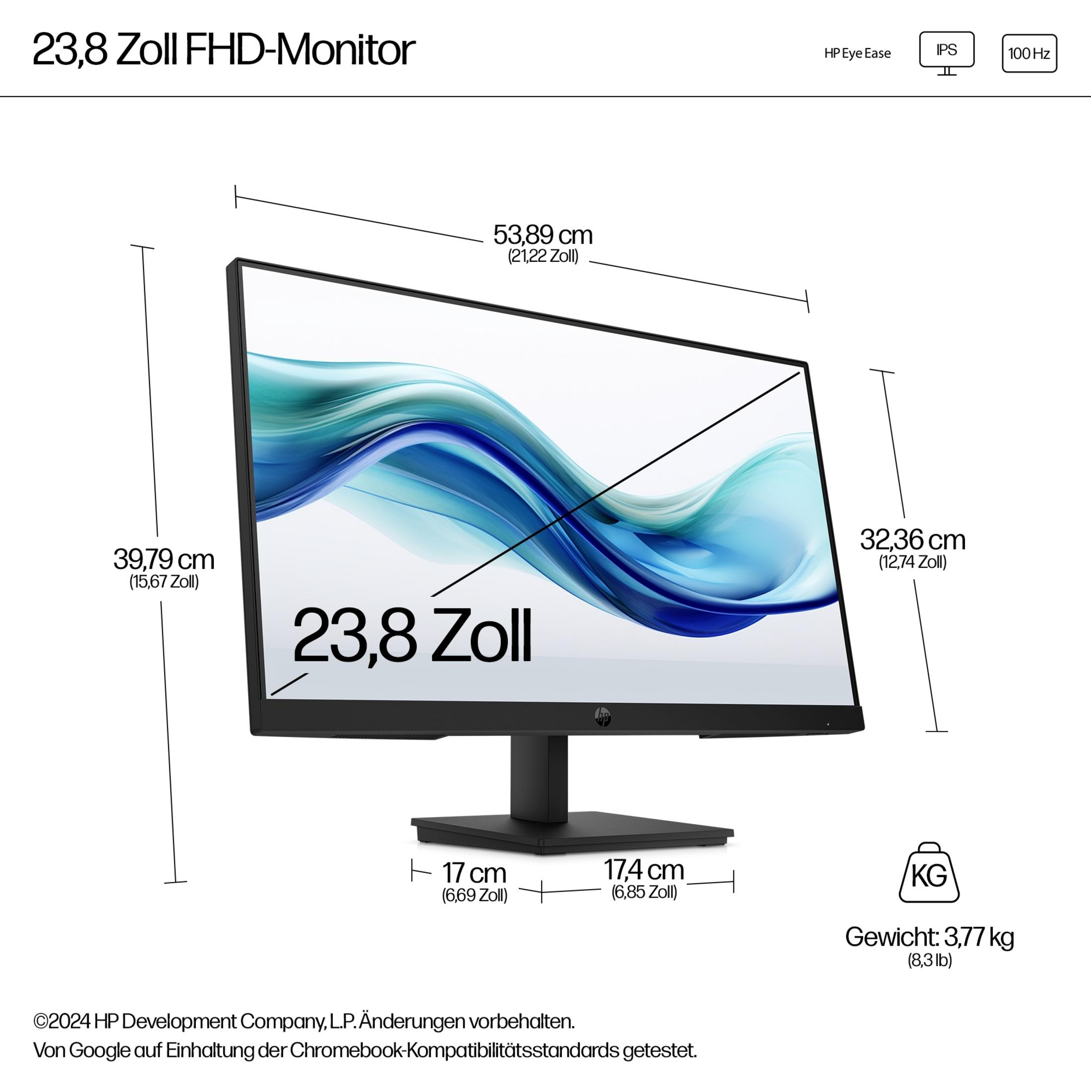 23,8 inçlik FHD monitör boyutları ve ağırlığıyla. Ekranda dalga deseni var.