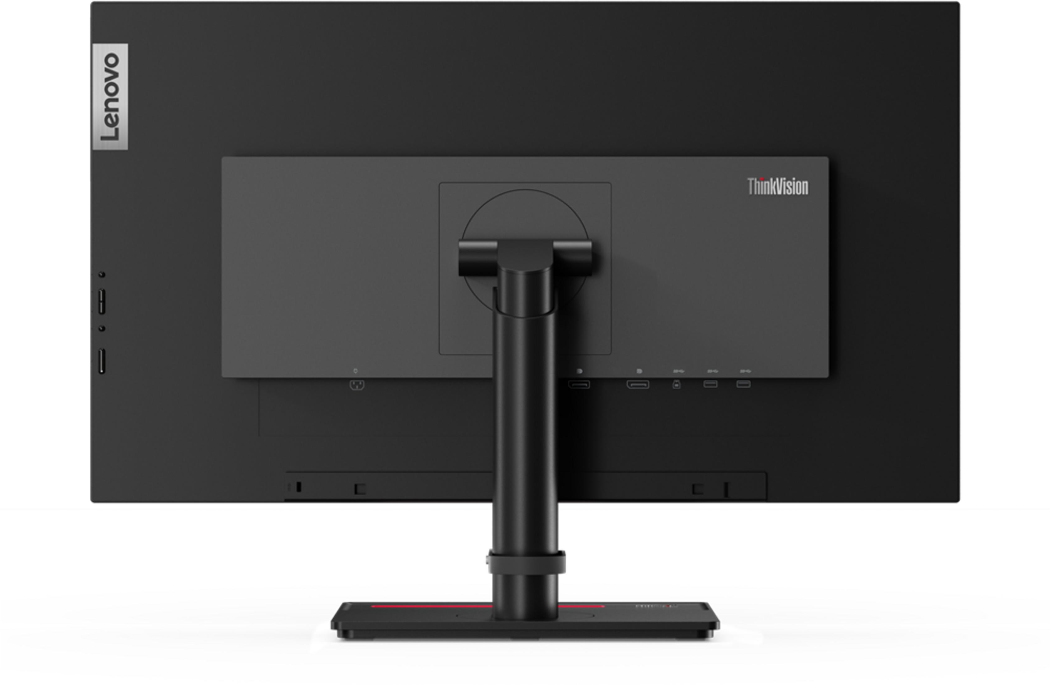 Tył czarnego monitora Lenovo ThinkVision z panelem portów.
