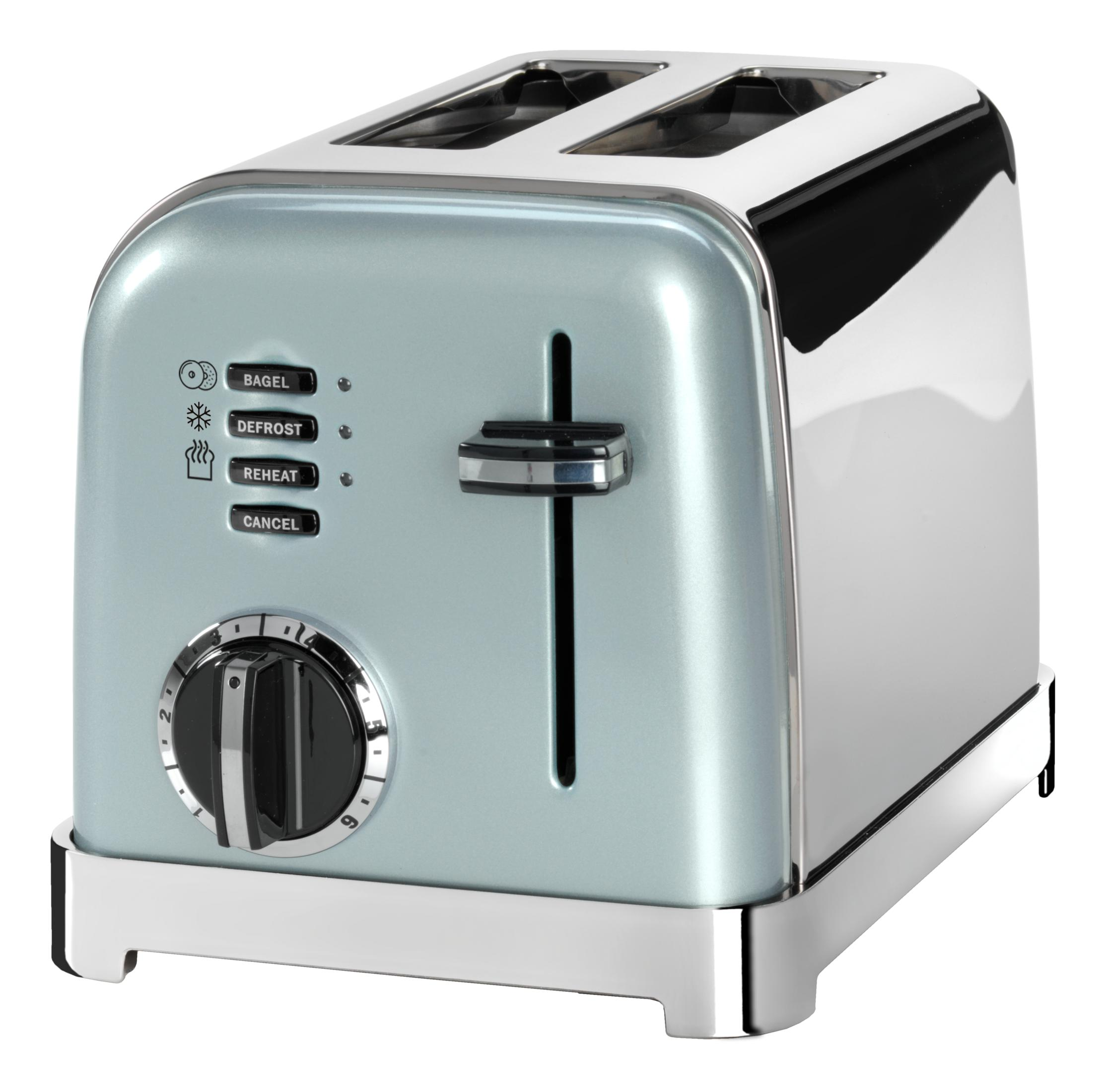 Jasnoniebieski toster z chromowanymi detalami i przyciskami sterującymi.