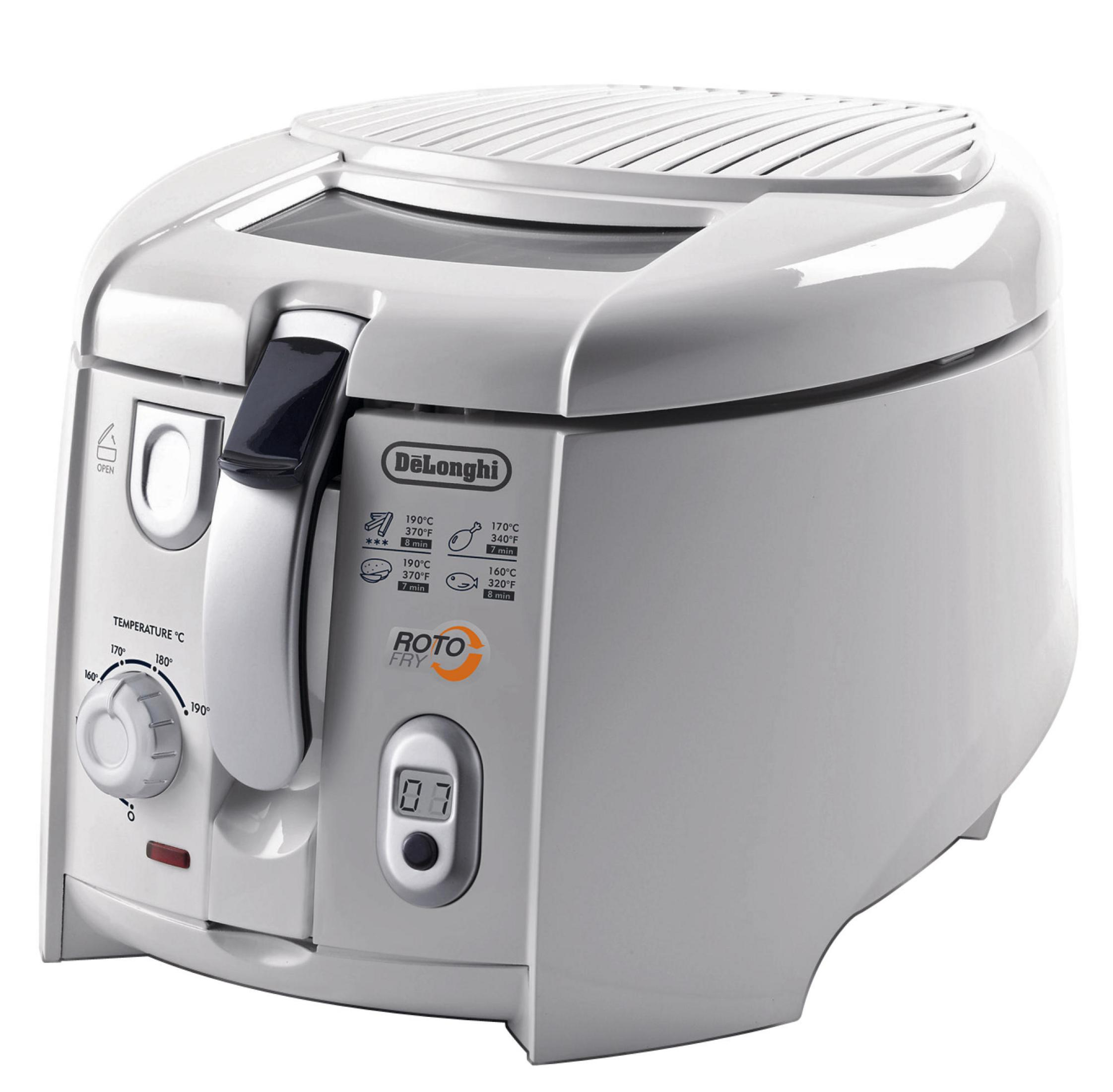 Biała frytkownica DeLonghi Roto z pokrętłem temperatury i cyfrowym timerem.