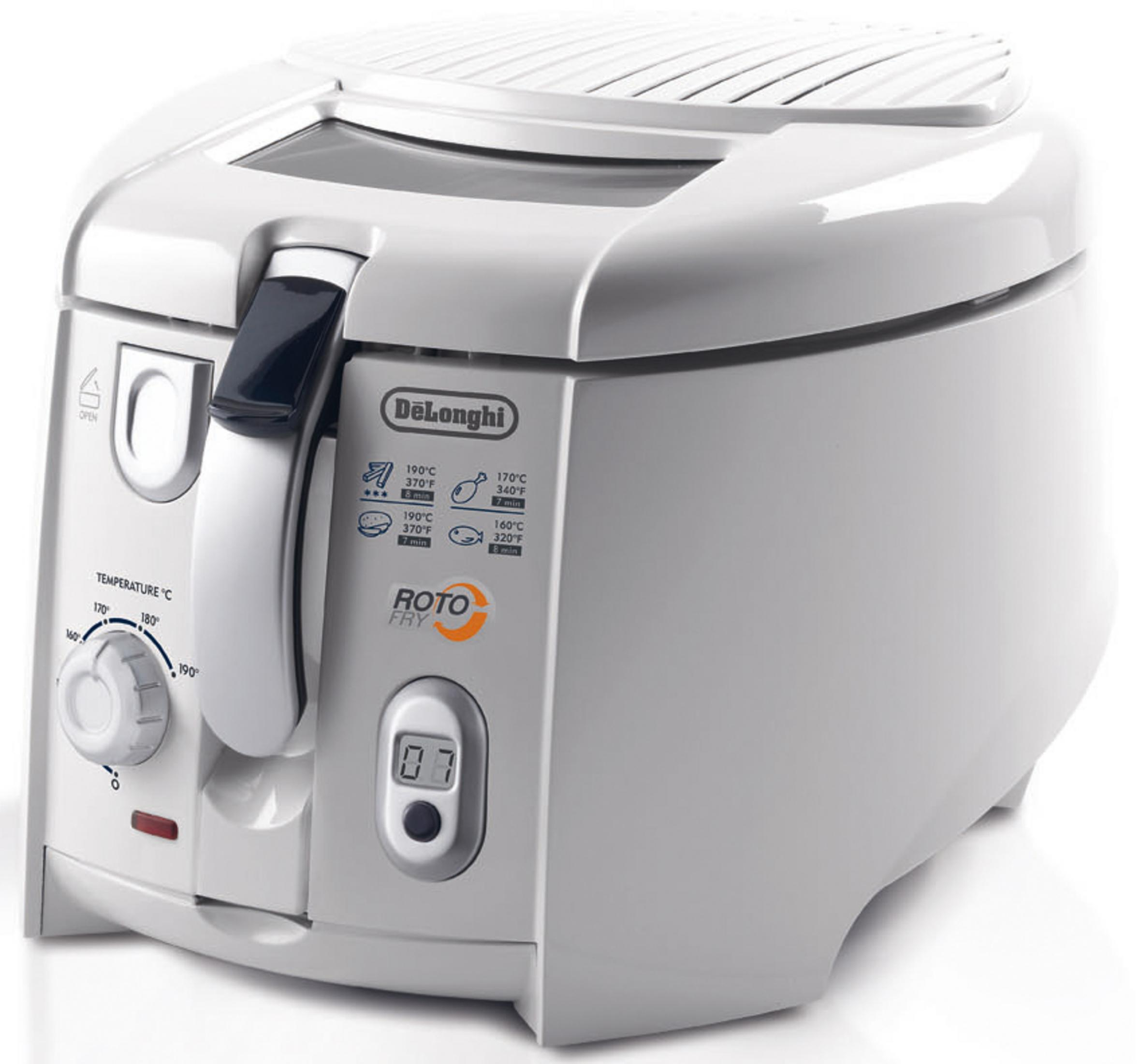Biała frytkownica DeLonghi z pokrętłem temperatury i cyfrowym timerem.