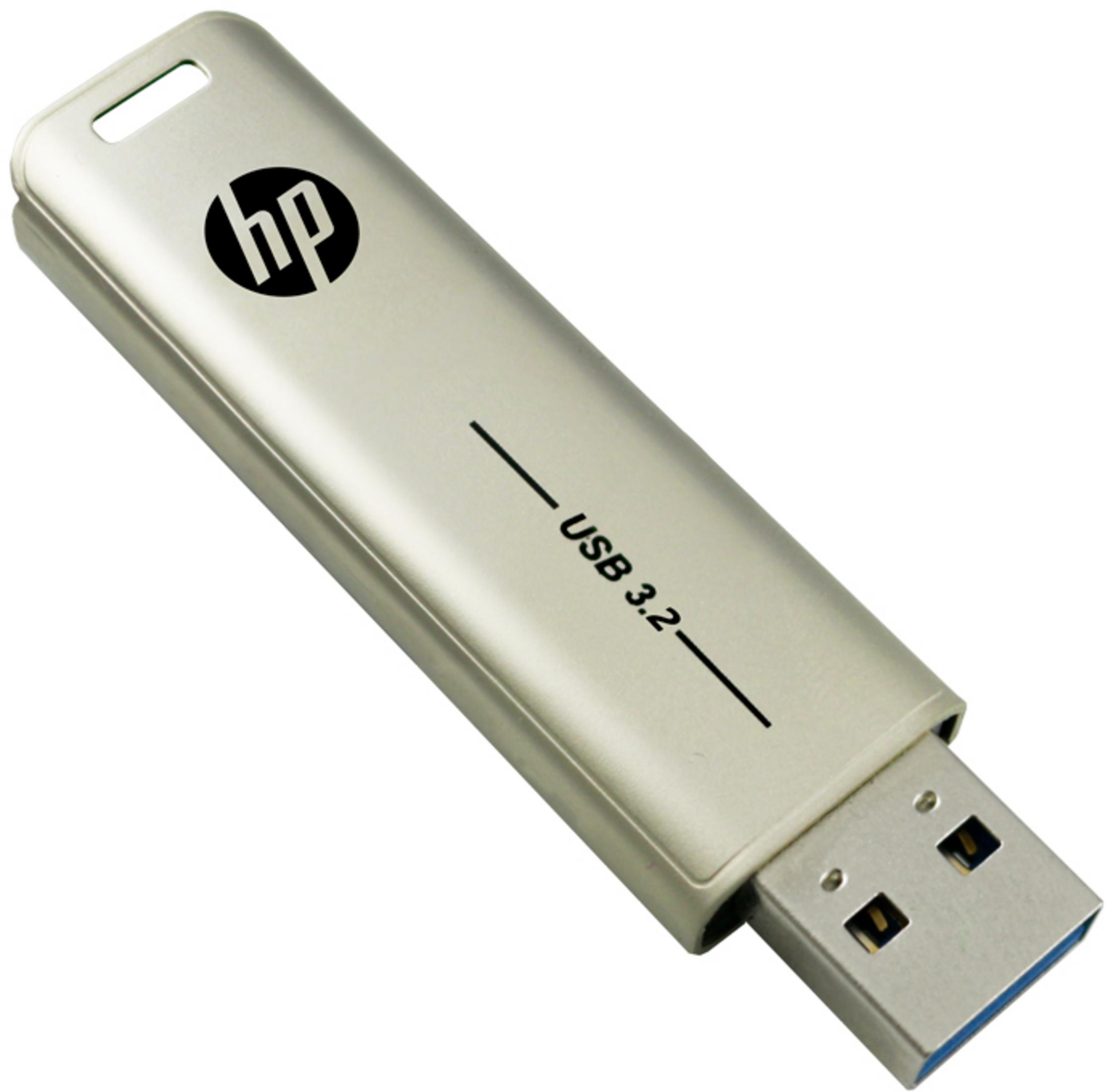 Srebrny pendrive HP USB 3.2 z logo HP i napisem 'USB 3.2'.