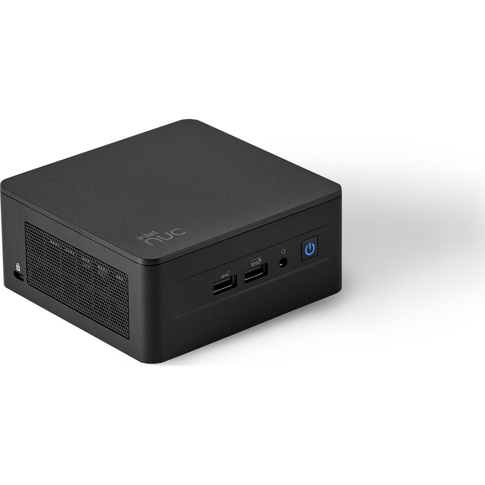 Czarny mini PC Intel NUC z portami i przyciskiem zasilania.