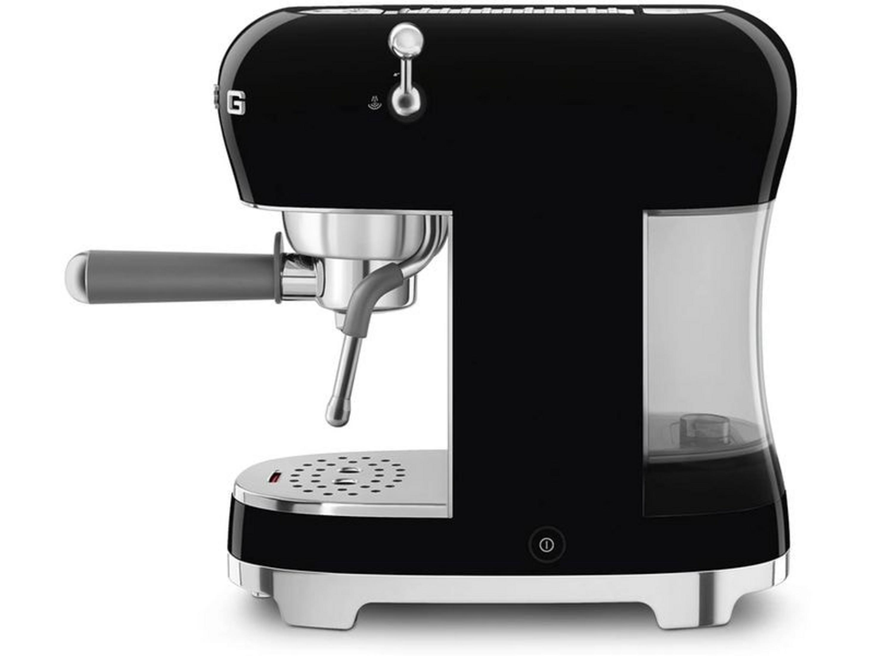 Schwarze Espressomaschine mit Chromdetails und durchsichtigem Wassertank.