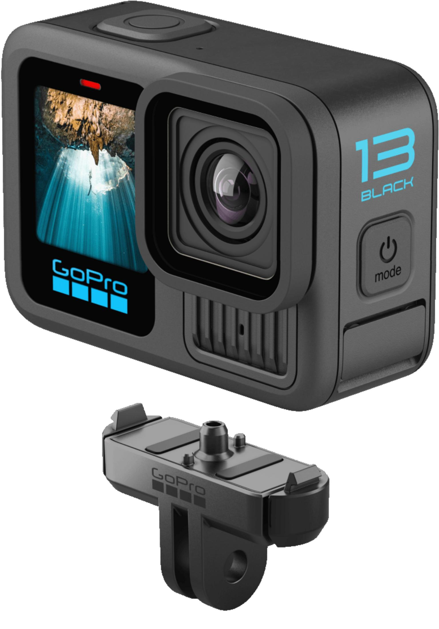Czarna kamera GoPro 13 Black z uchwytem akcesoriów.