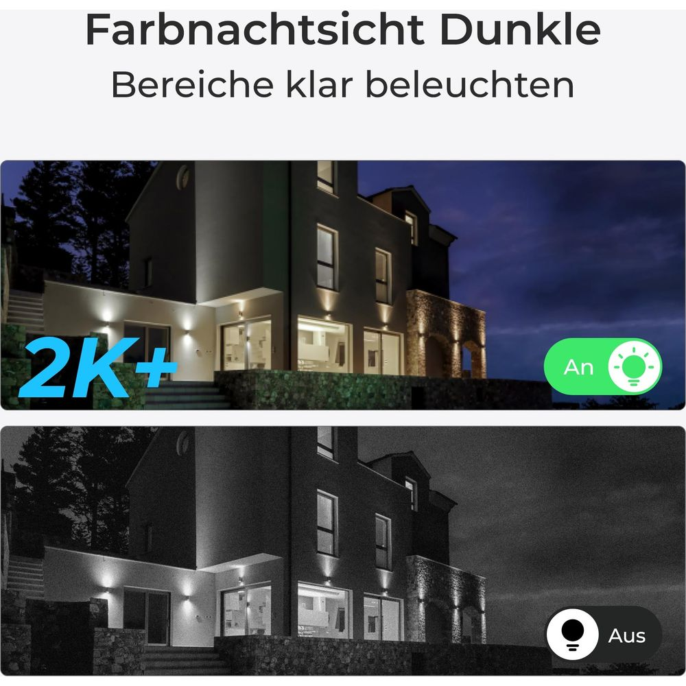 Hausansicht bei Nacht, einmal in Farbe mit Licht, einmal in Schwarzweiß ohne Licht.
