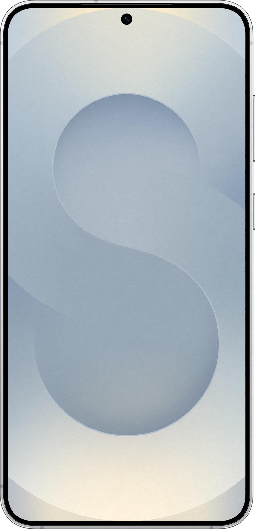 Smartfon z niebieskim abstrakcyjnym tłem i pojedynczym obiektywem aparatu na górze.