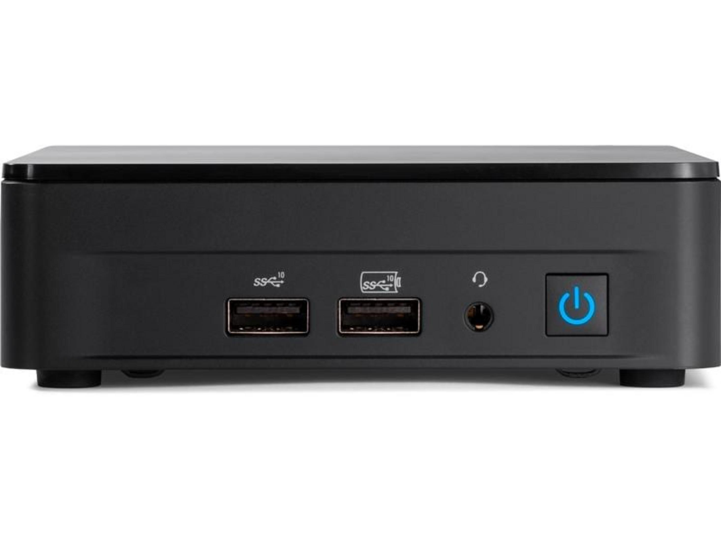Schwarzer Mini-PC mit zwei USB-Anschlüssen, Kopfhöreranschluss und blauem Power-Button.