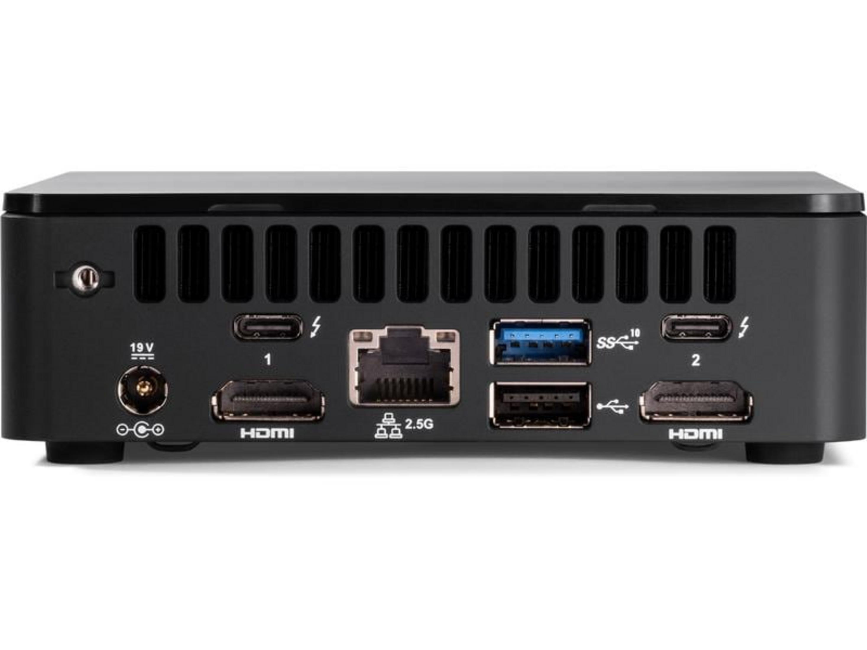 Rückseite eines schwarzen Mini-PCs mit Anschlüssen: Strom, 2x HDMI, Ethernet, 2x USB, 2x Thunderbolt.