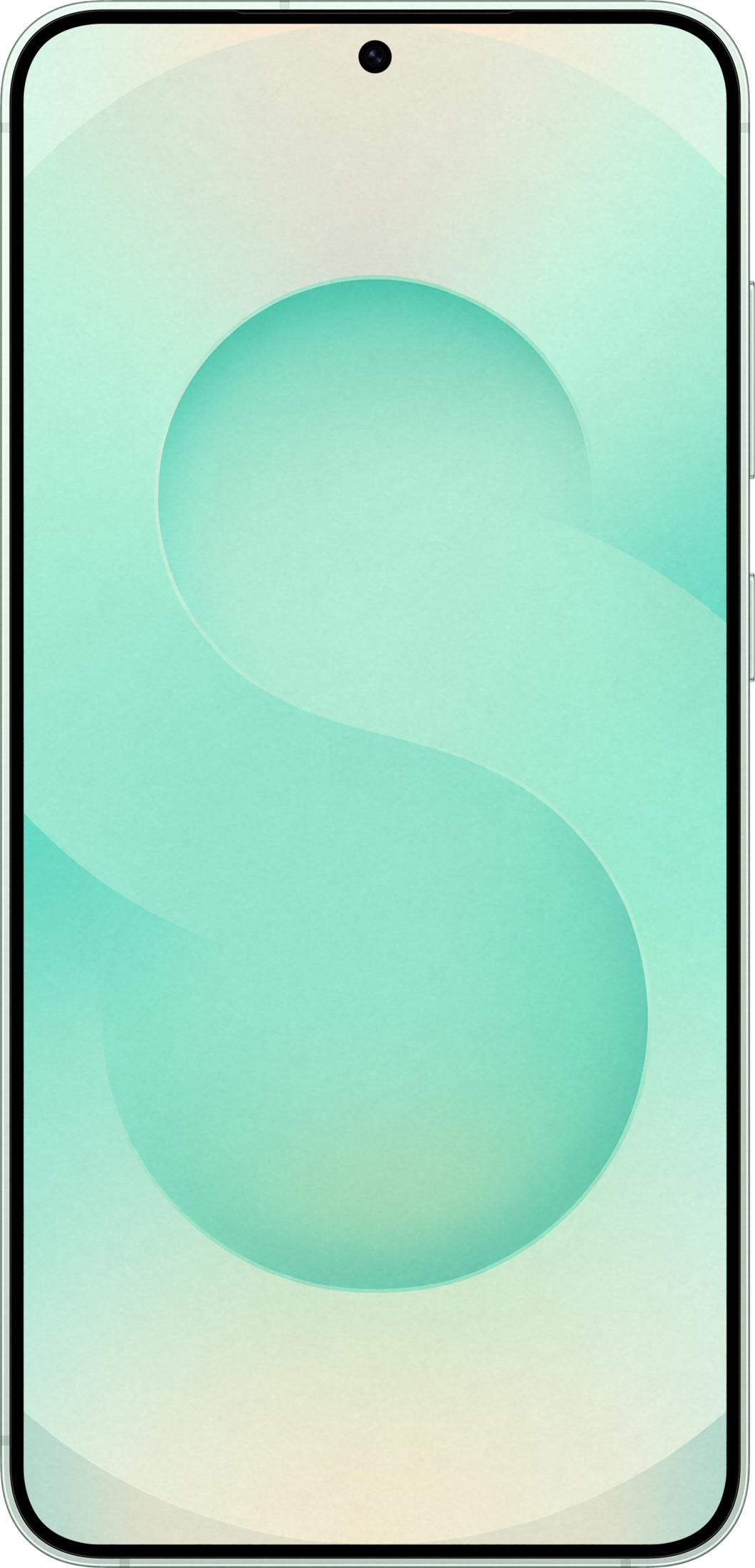 Smartfon z miękkim, turkusowym tłem z falą w kształcie litery "S".