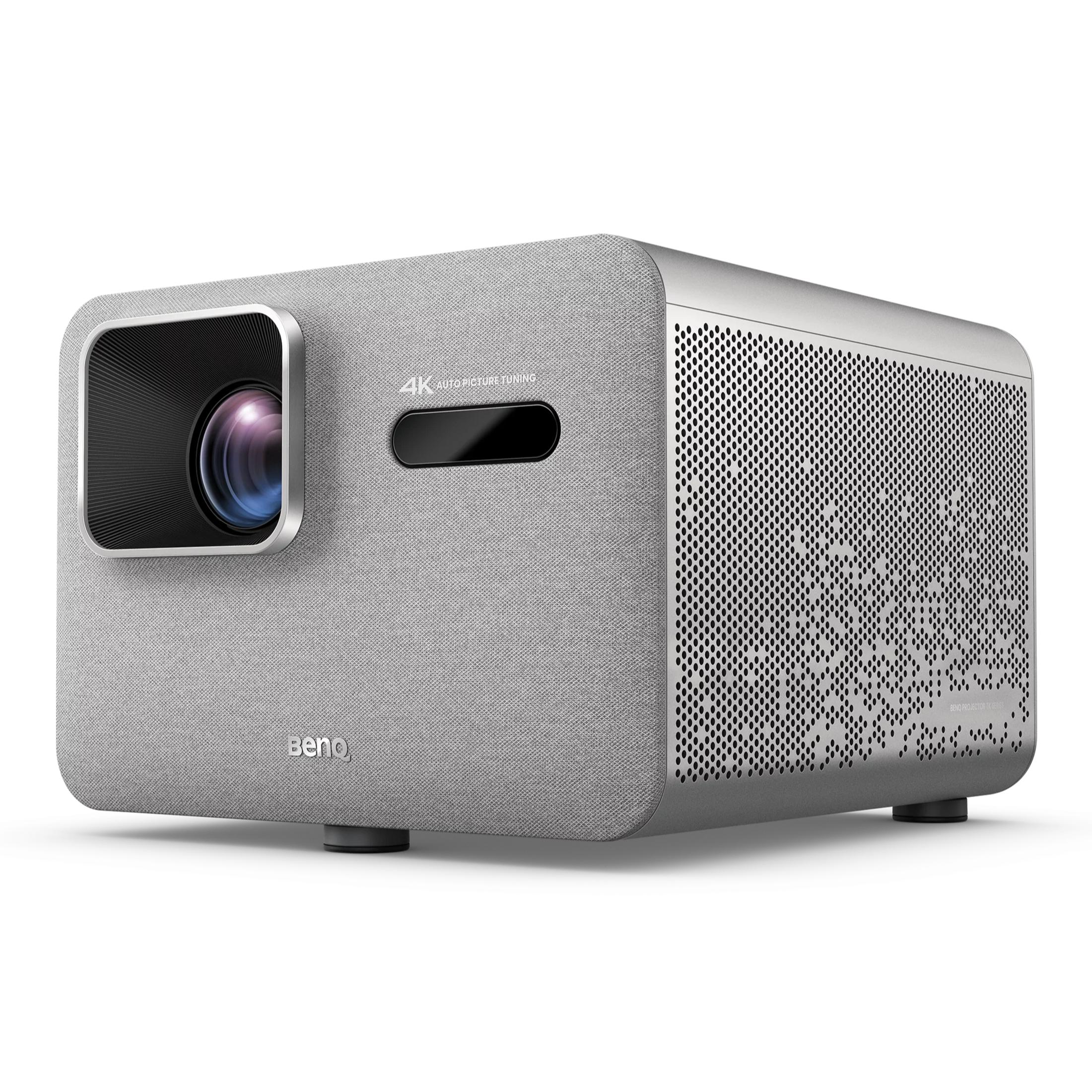 Projecteur gris avec lentille et grille de ventilation. Logo BenQ devant.