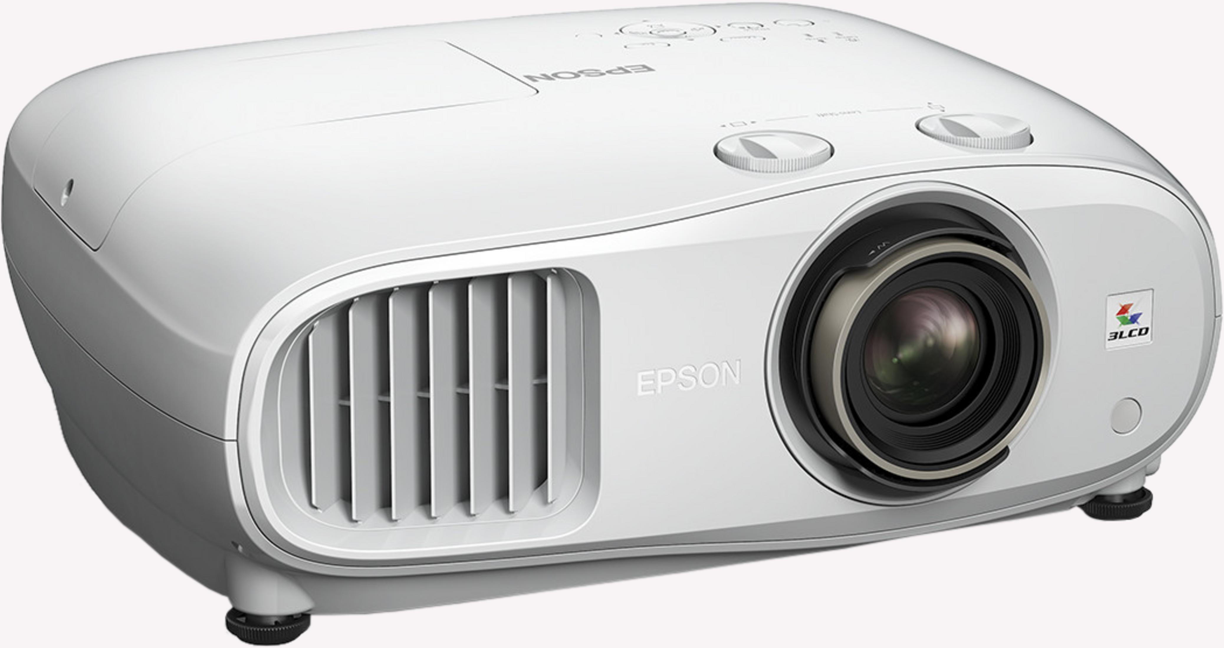 Biały projektor Epson 3LCD z obiektywem, otworami wentylacyjnymi i przyciskami.