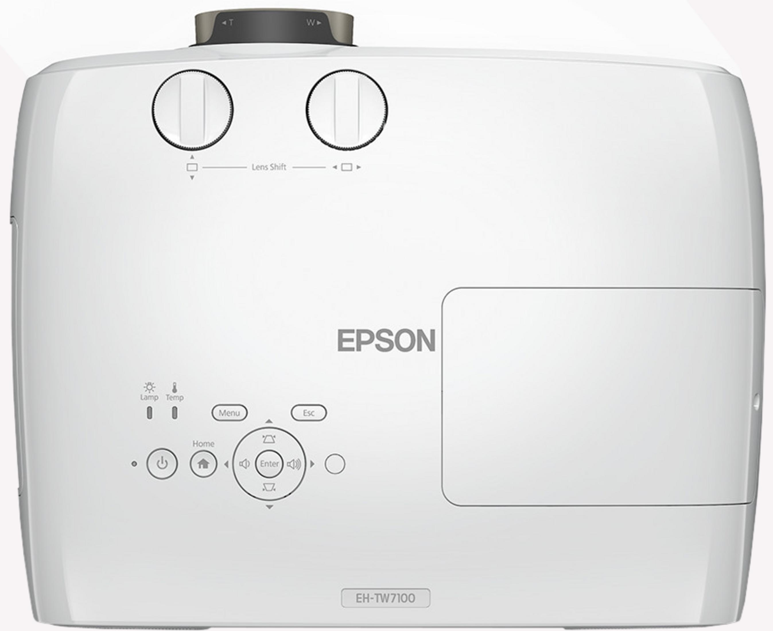 Biały projektor Epson z przyciskami sterującymi i etykietami.