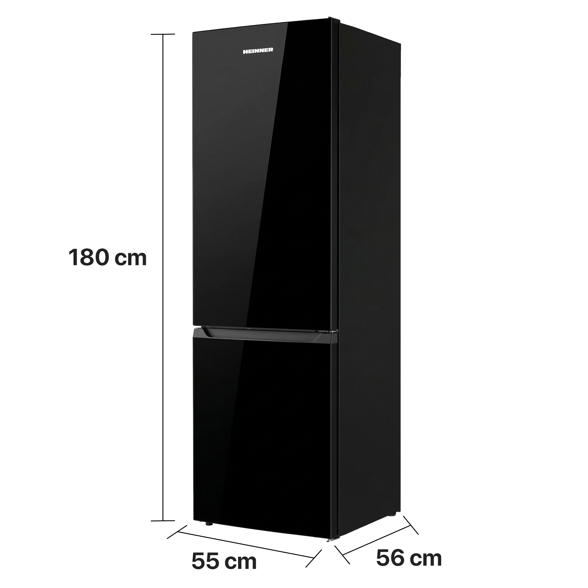 Zwarte koelkast, 180cm hoog, 55cm breed, 56cm diep.