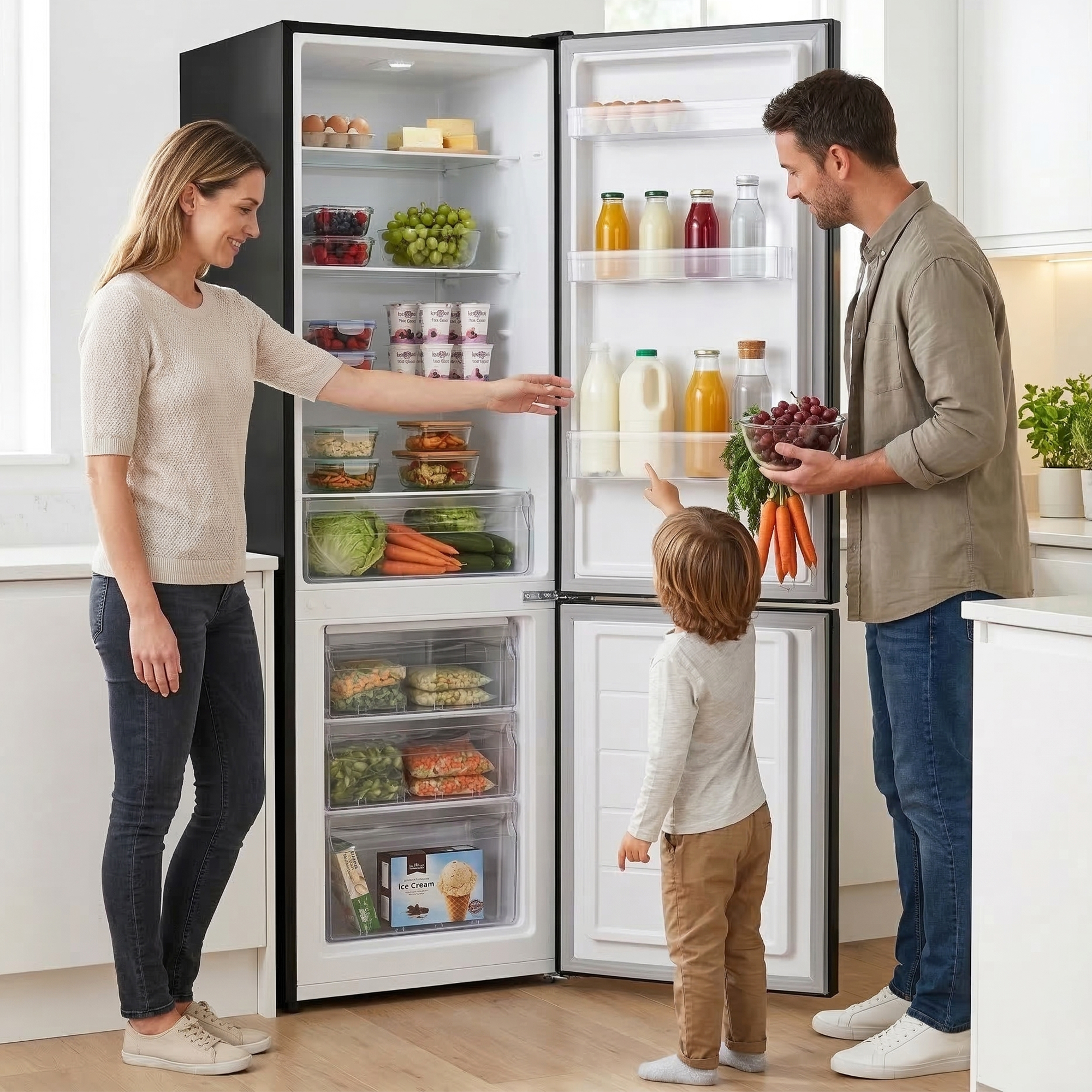 Familie voor open koelkast met eten. Man houdt druiven vast, vrouw reikt erin.