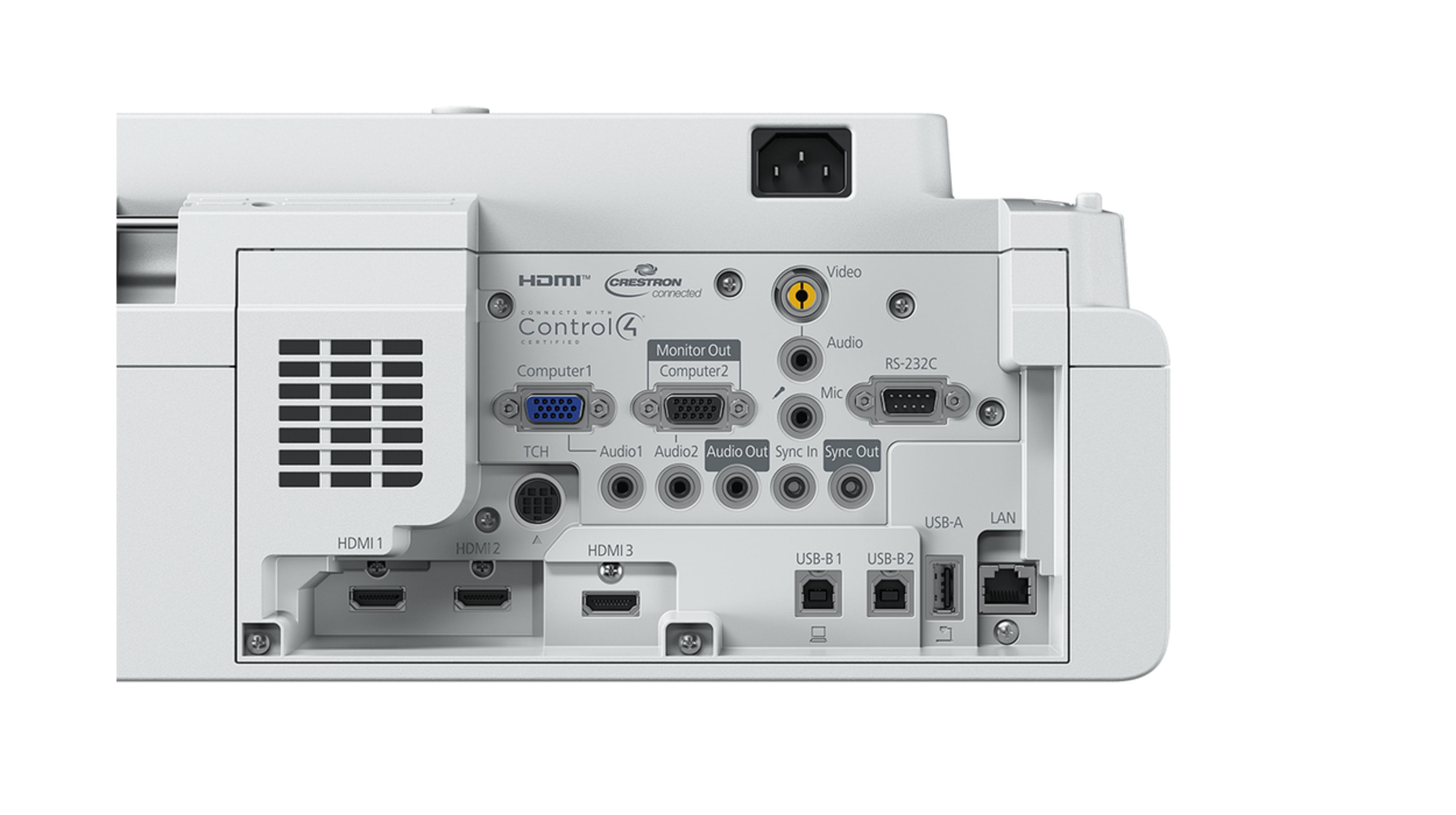 Tylny panel białego projektora z portami HDMI, USB, LAN i audio.