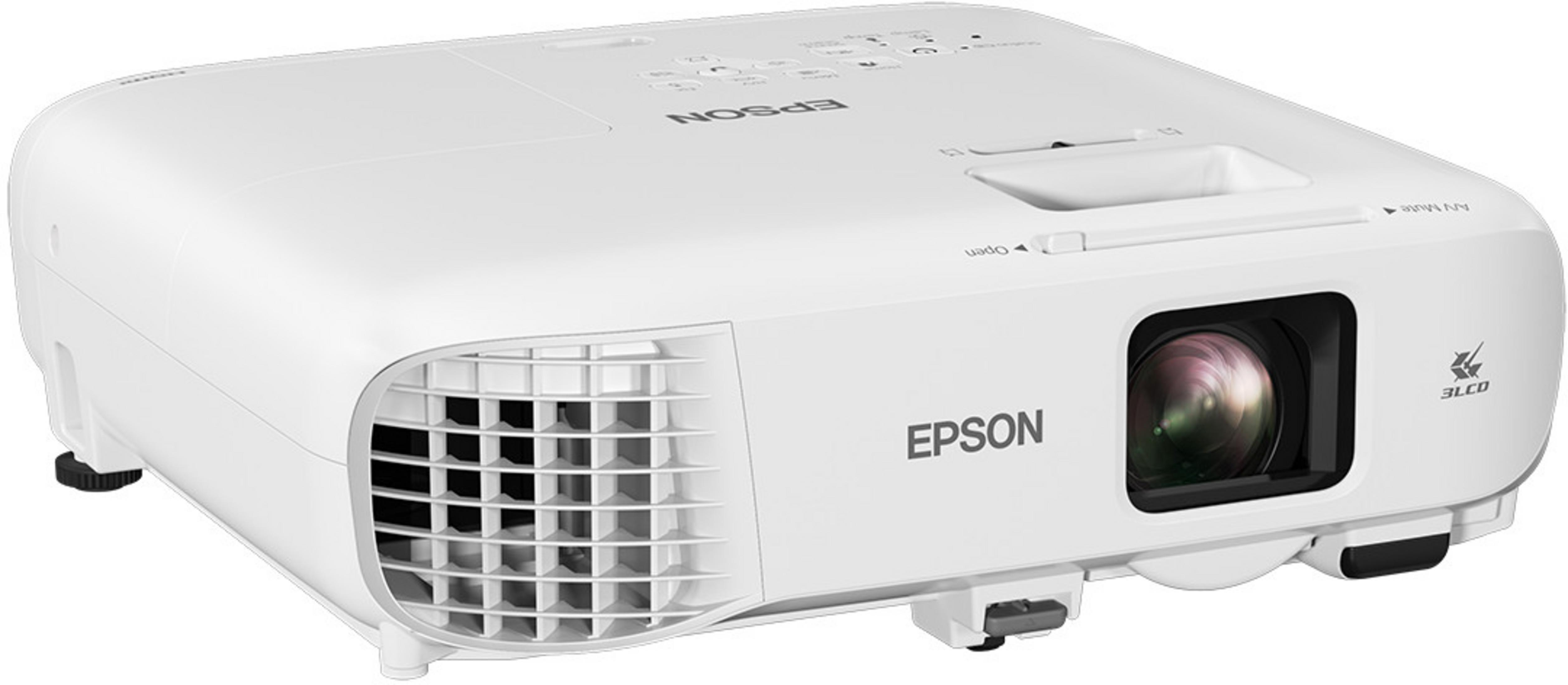 Un proyector Epson blanco con rejillas de ventilación y lente.