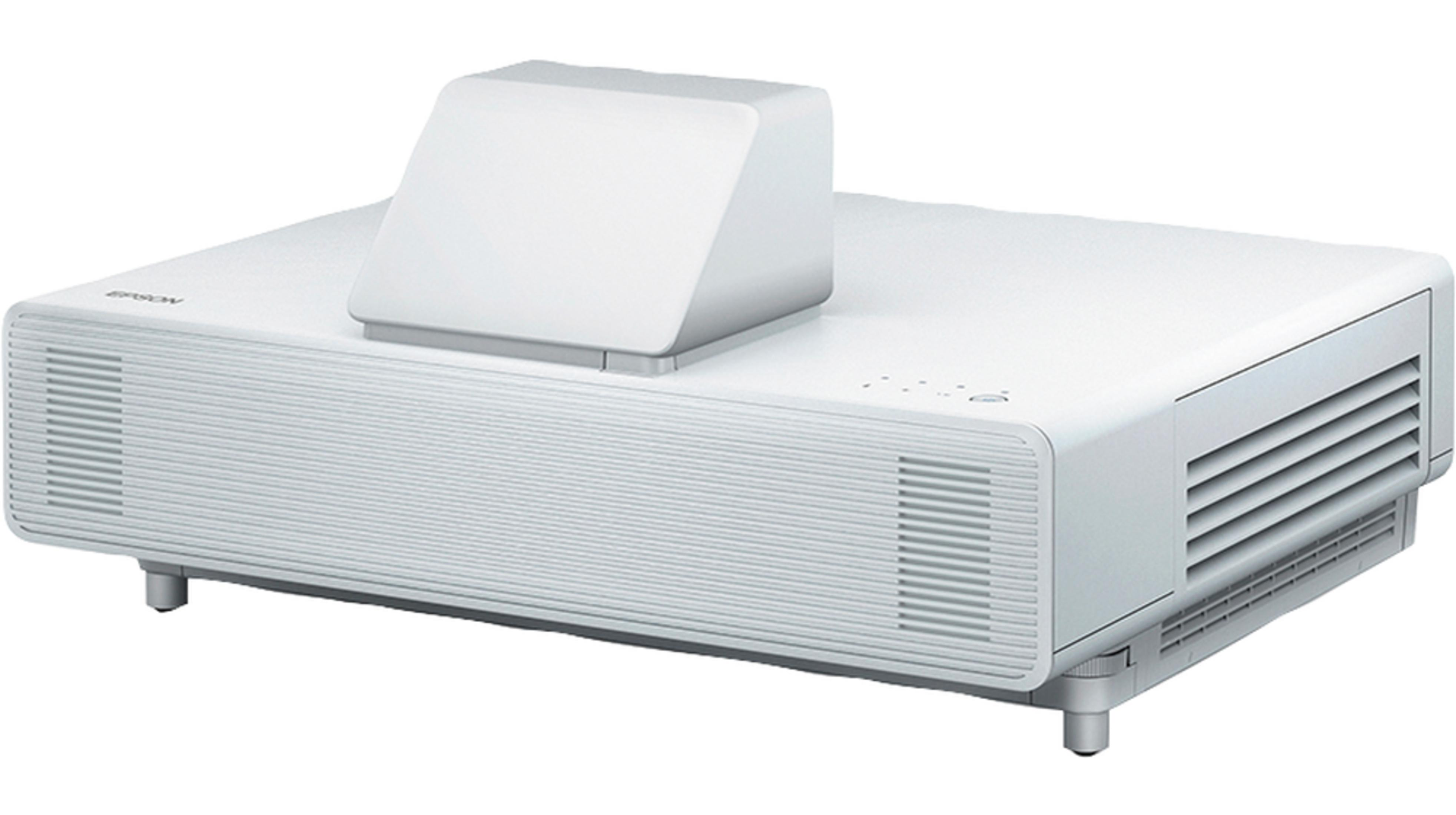 Biały projektor z kanciastym dodatkiem i szczelinami wentylacyjnymi.