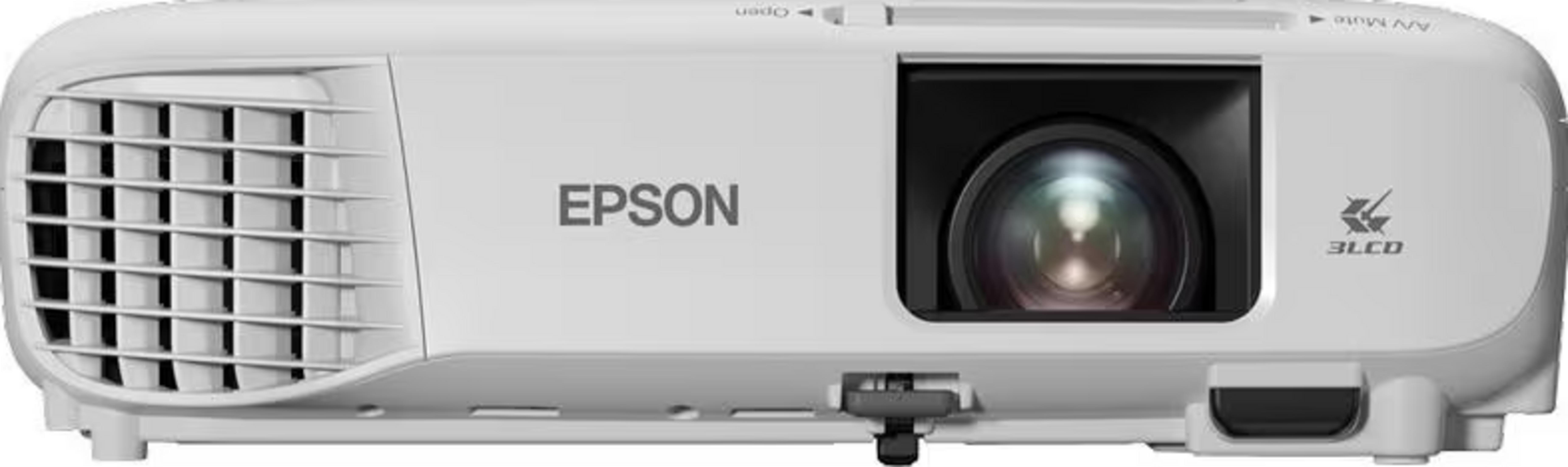 Biały projektor Epson z otworami wentylacyjnymi i obiektywem.