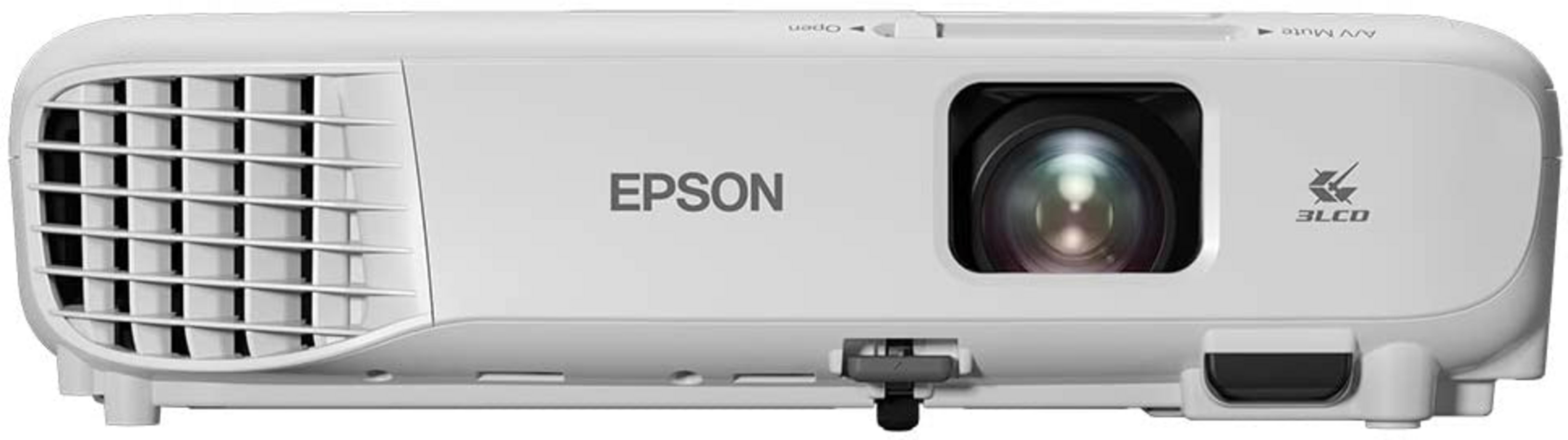 Un proiettore Epson bianco con prese d'aria a sinistra e lente a destra.