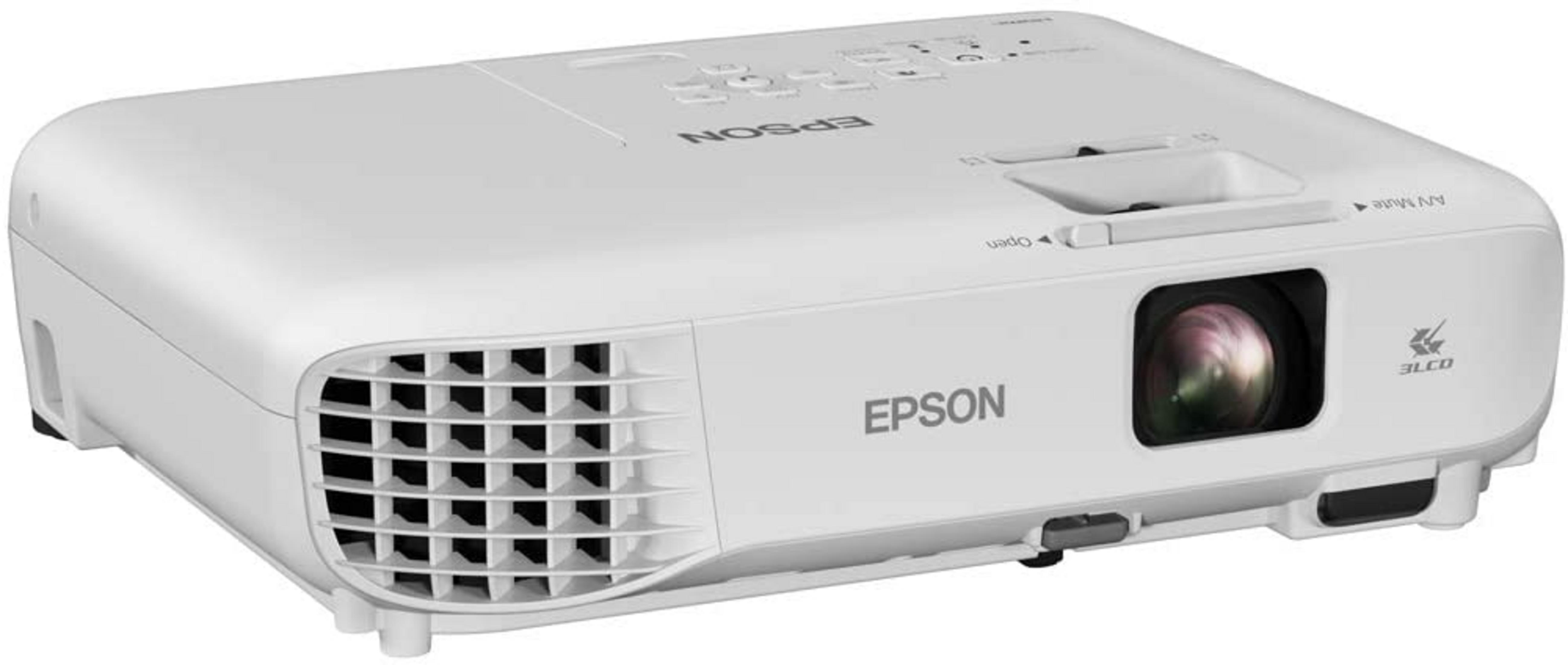 Un proiettore Epson bianco con prese d'aria e lente.