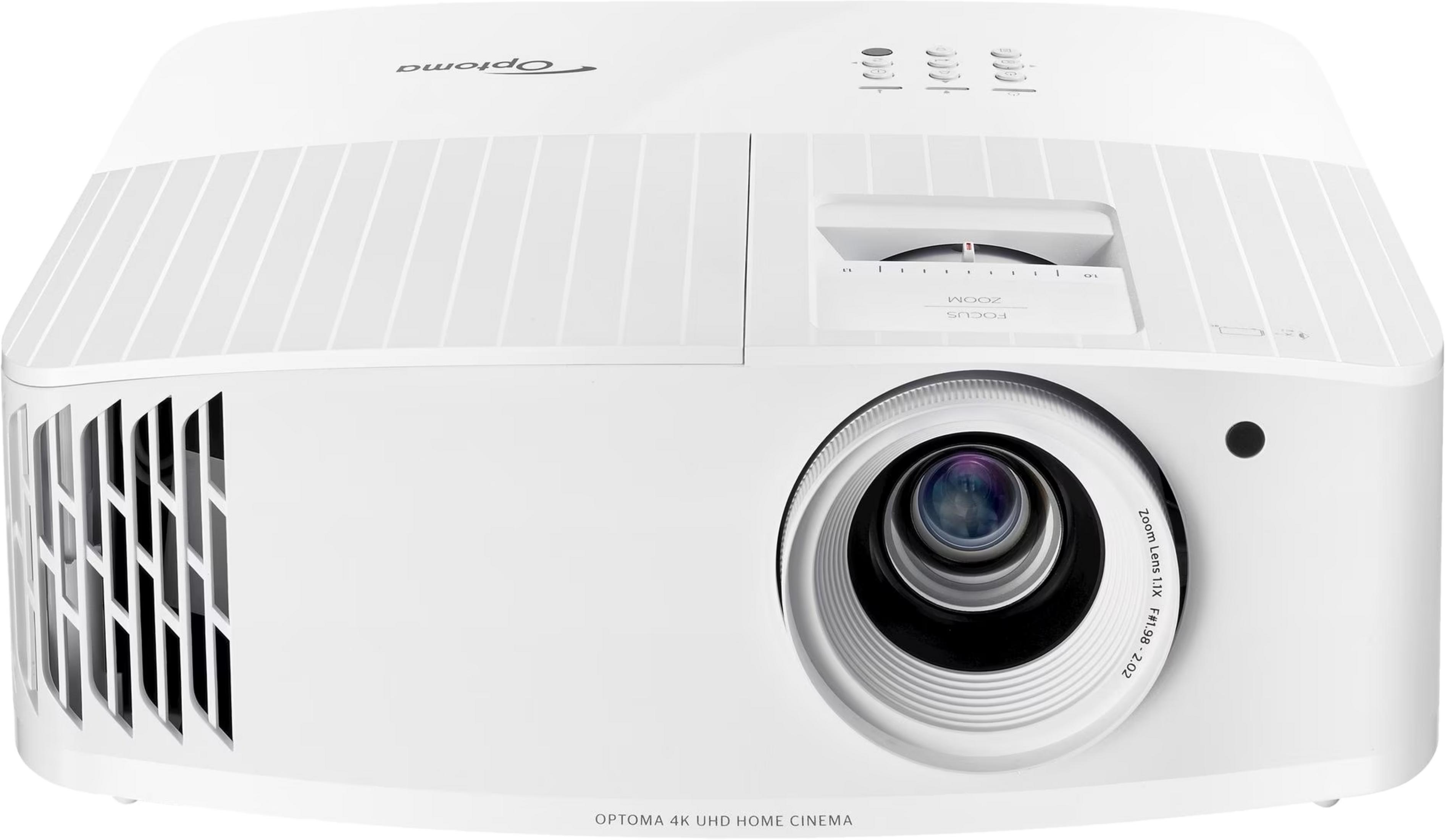 Un proiettore bianco Optoma 4K UHD per home cinema con lente, controlli di messa a fuoco e zoom.