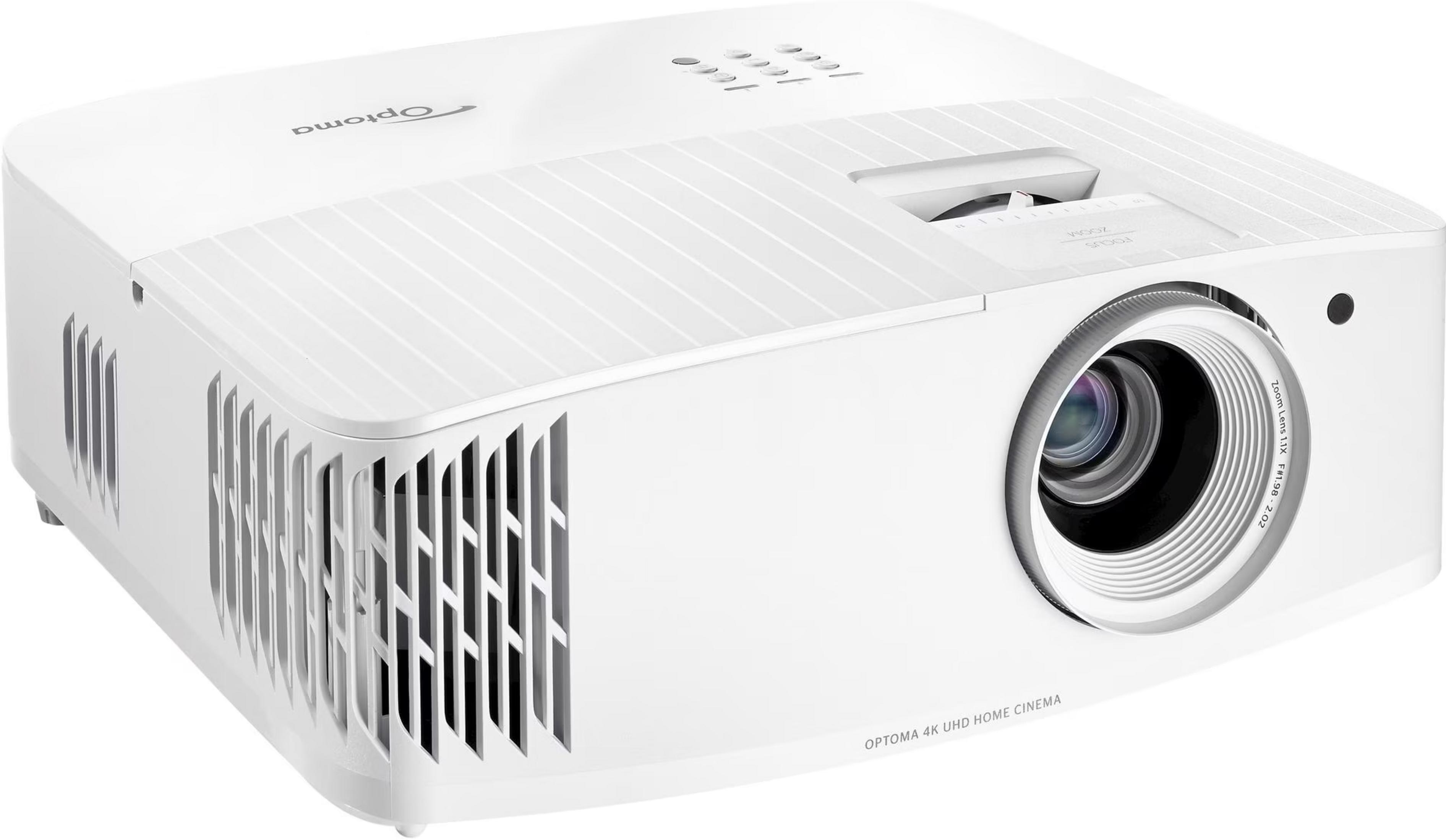 Un proiettore bianco Optoma 4K UHD per home cinema con lente e prese d'aria.