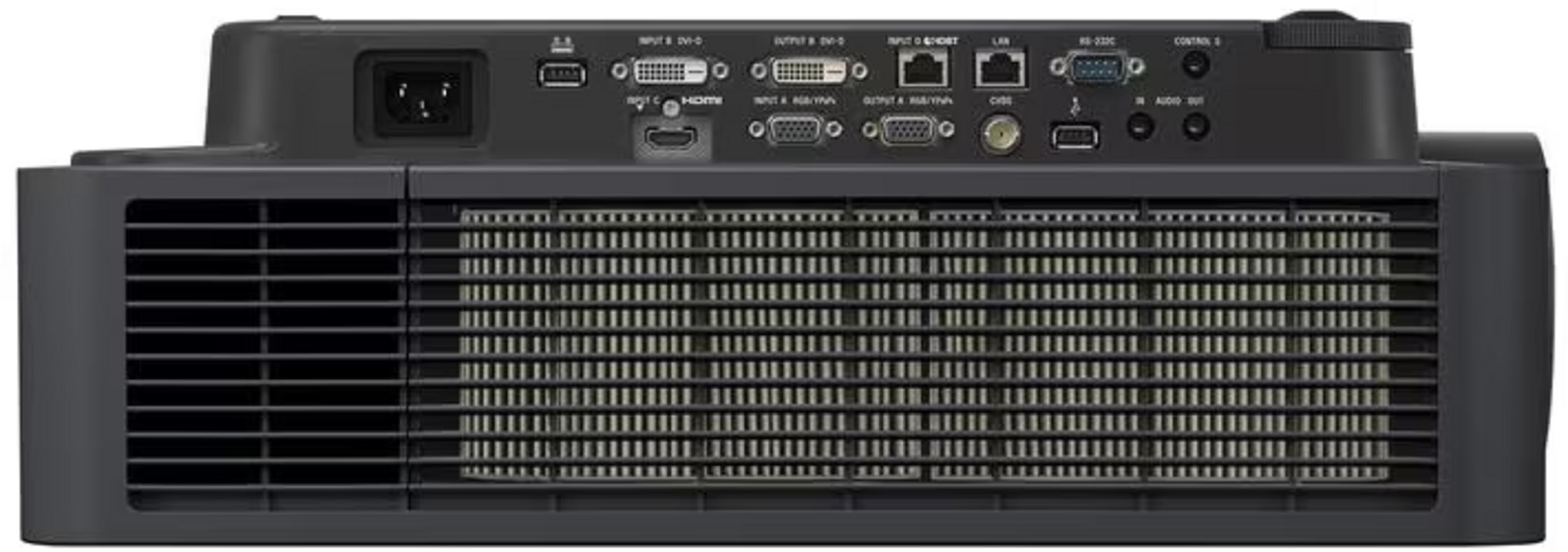 Arrière d'un projecteur montrant les ports HDMI, DVI, USB et LAN.