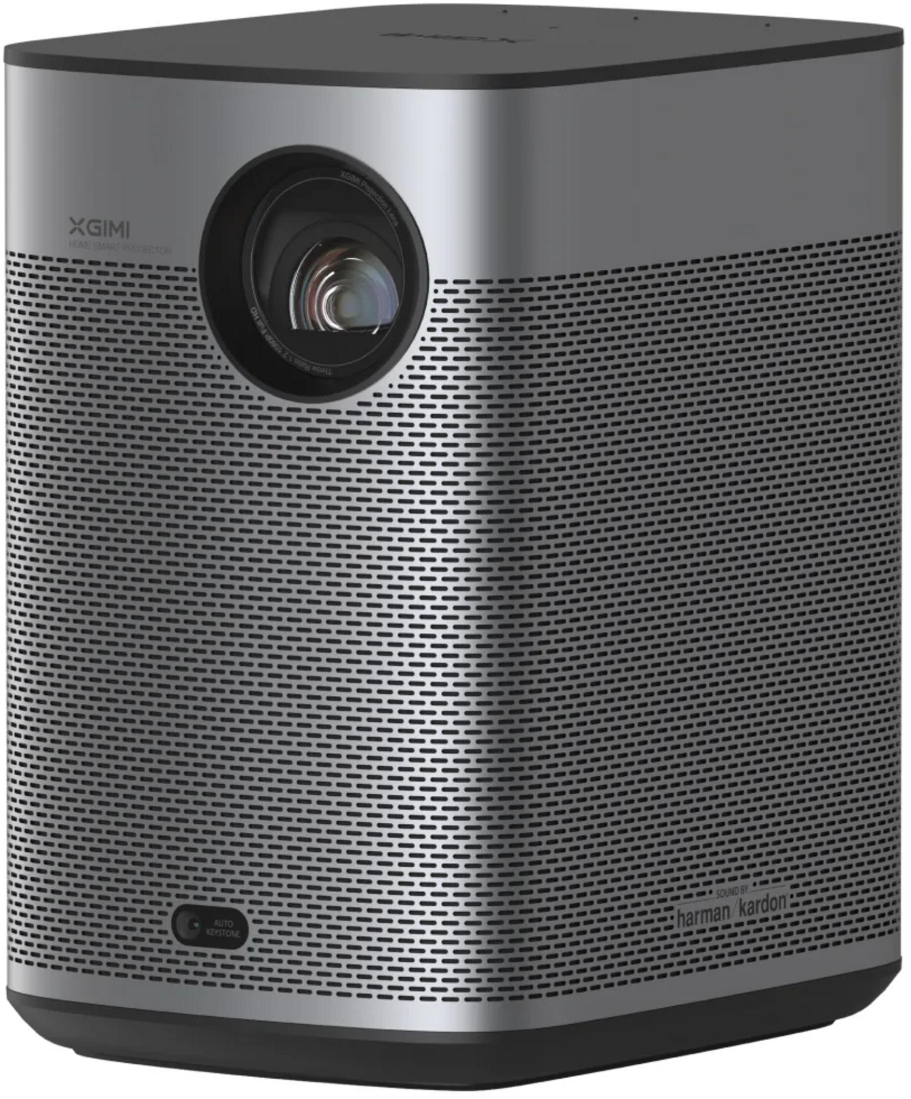 Un proyector XGIMI plateado con rejilla de altavoz Harman Kardon.